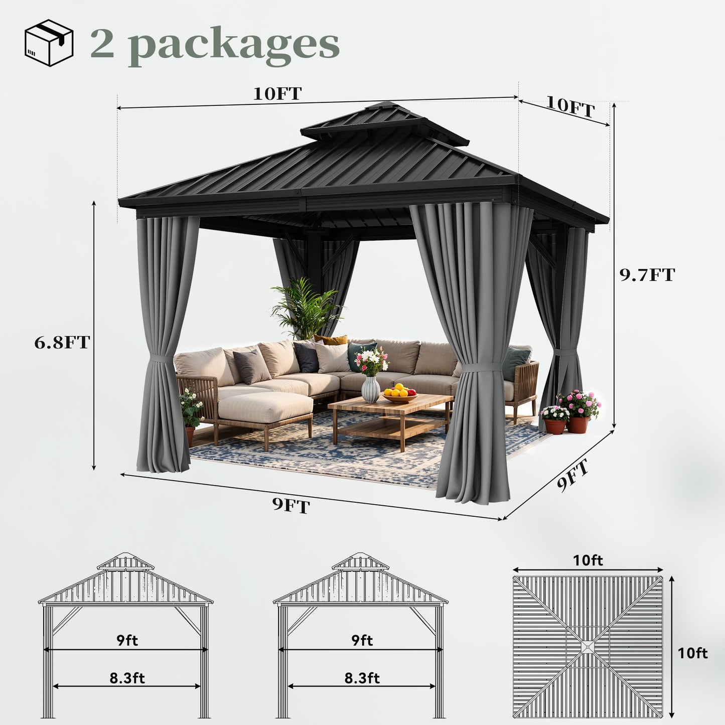 YITAHOME 10X10FT Hard Top Gazebo Patios Outdoor Double Roof Canopy Aluminum Frame Garden Gazebo with Curtains Netting for Backyards Decks Lawns, Gray