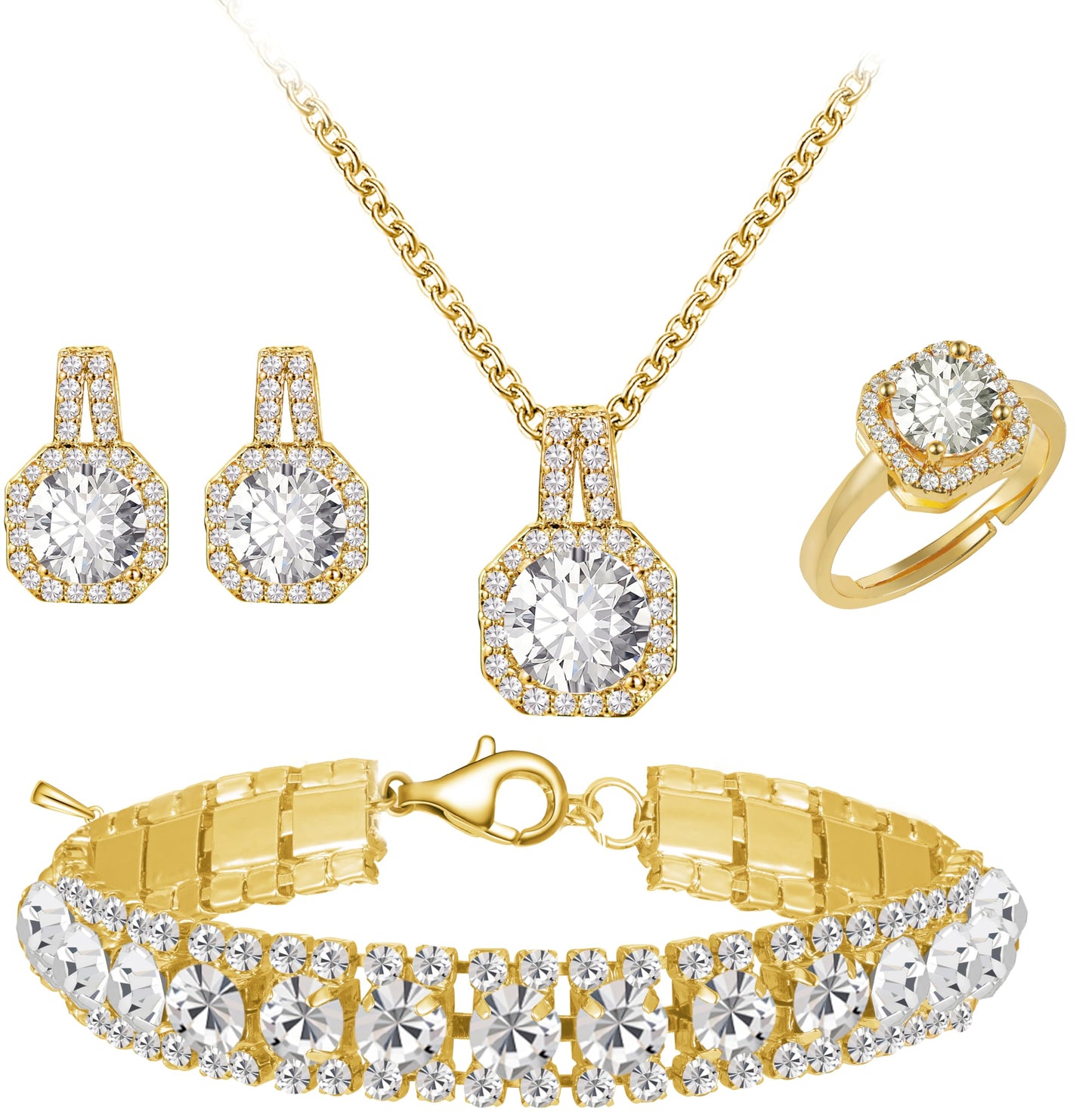 4pcs Cubic Zirconia Wedding Jewelry Sets for Bride & Bridesmaid - Gold Plated White Cubic Zirconia Pendant, Earrings, Link Tennis Bracelet & Open Ring Set