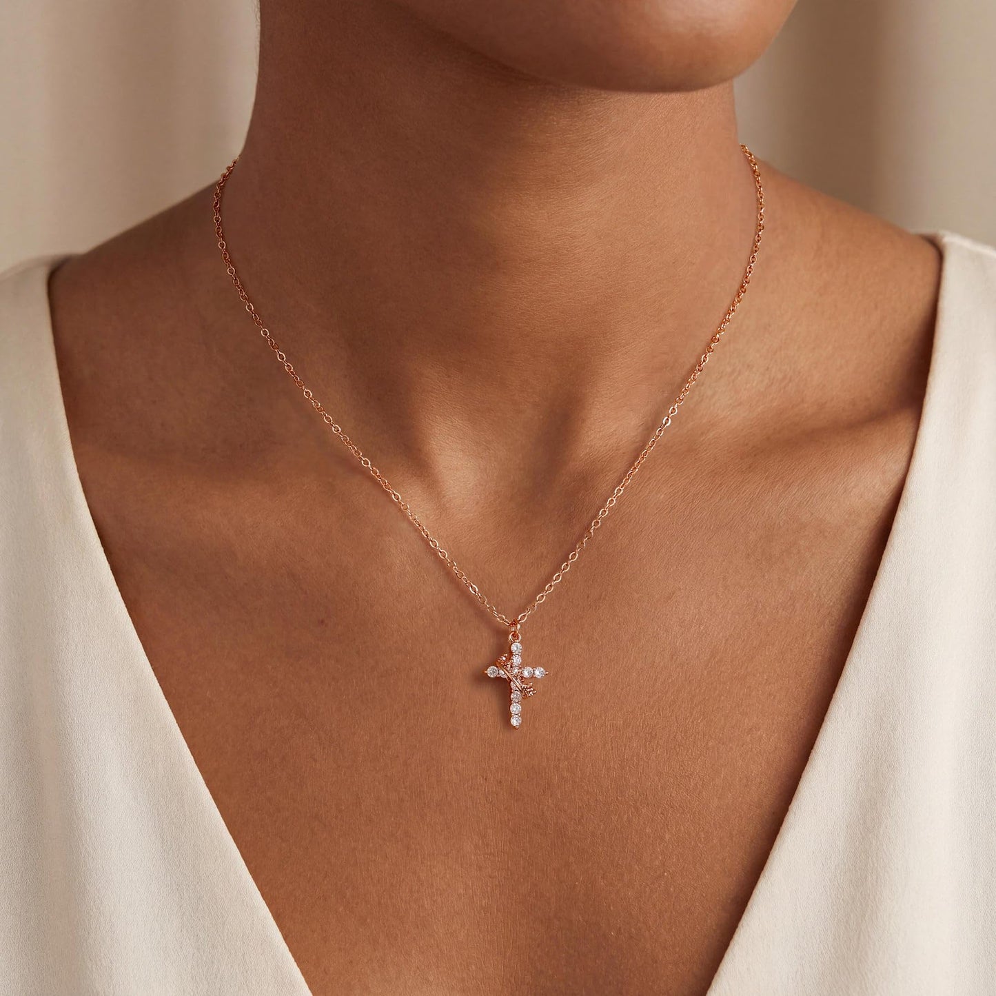 Robaice Rose Gold Cross Necklace for Women, Rose Gold Plated Crown Cross Pendant Necklace Cross Necklaces Faith Jewelry First Communion Necklace, Rose Gold