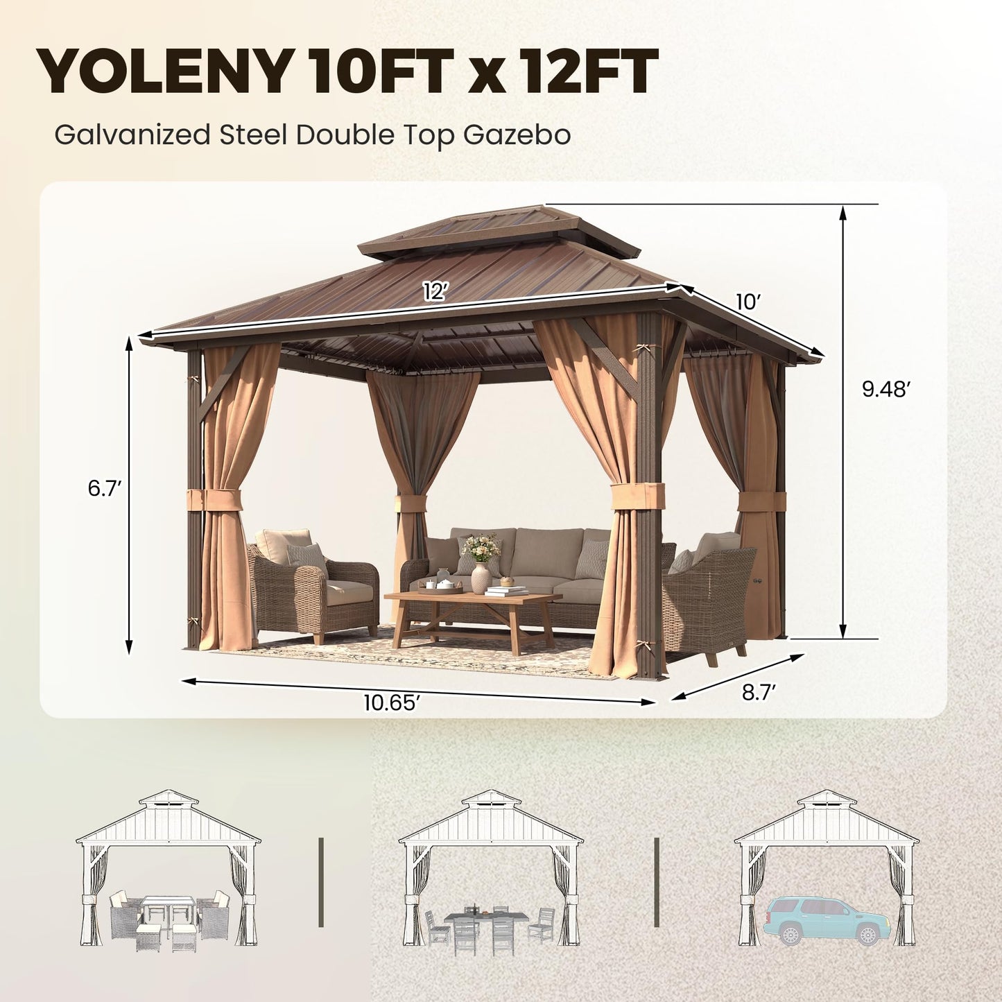 YOLENY 10' x 12' Hardtop Gazebo, Metal Gazebo with Aluminum Frame, Double Galvanized Steel Roof, Curtains and Netting Included, Pergolas for Patios, Garden, Parties, Lawns
