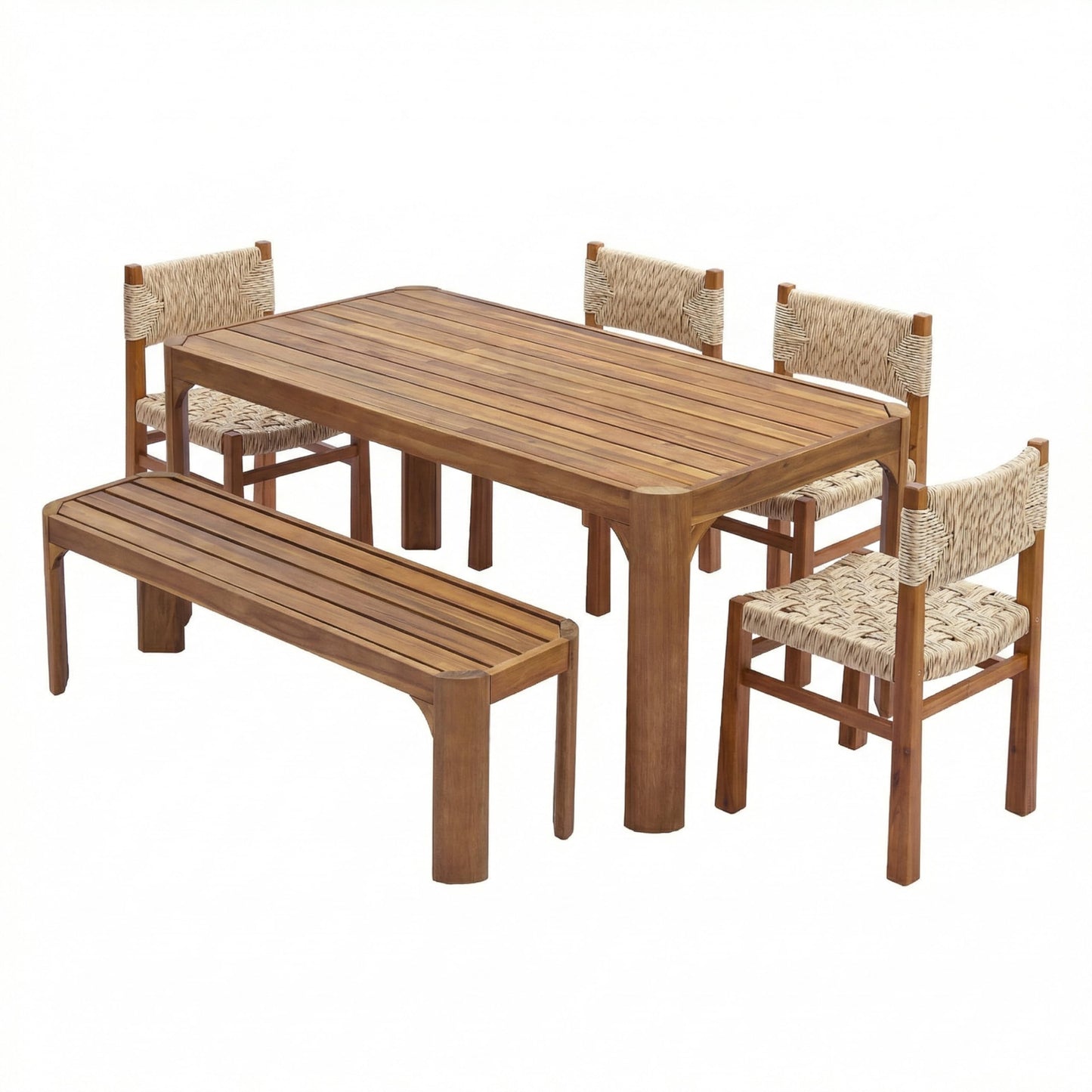 Christopher Knight Home 6 Piece Outdoor Acacia Wood Patio Dining Set, 70 Inch Rectangular Table with 4 Light Grey Wicker Dining Chairs and Bench, Teak Finish Patio Table and Chairs Set for Garden Deck