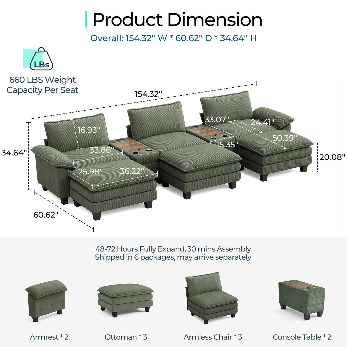 LINSY HOME Modular Sectional Sofa for Living Room, Corduroy Cloud Couch with Storage Console, USB Charging, Cup Holders, Comfy Modern Modular Cloud Couches with Movable Ottoman (Green)