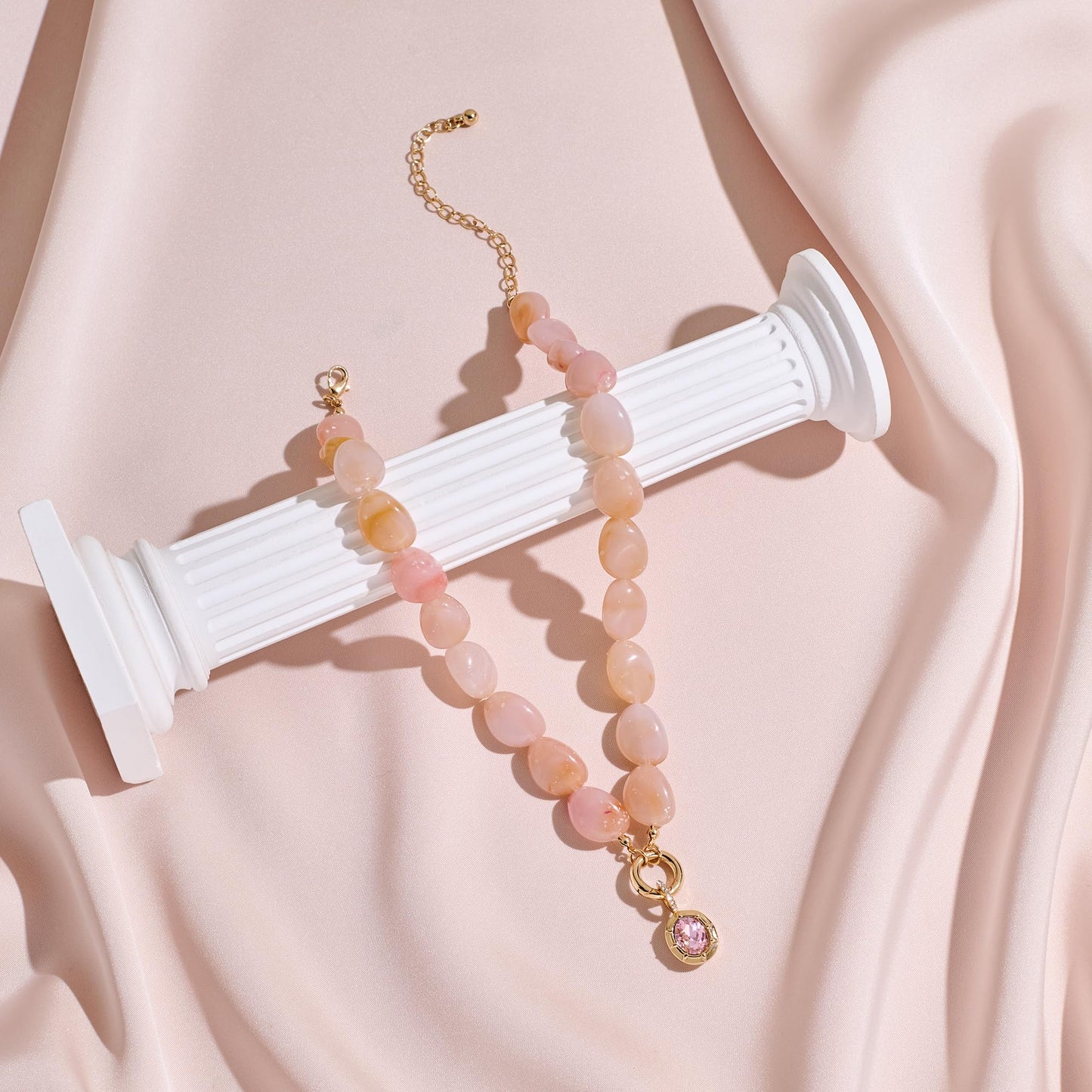 Boho Pink Acrylic Beaded Necklace for Women, 14K Gold Plated Dainty Resin Choker with Pink Cubic Zirconia Pendant, Handmade Statement Summer Jewelry, Adjustable Necklaces for Wedding Party Gift