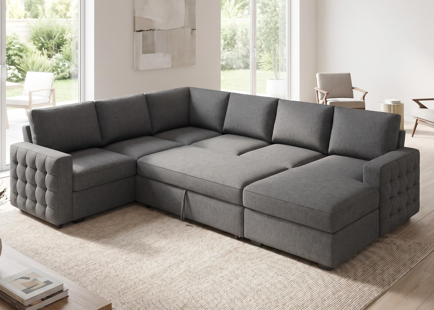 HONBAY Sectional Sleeper Sofa with Pull-Out Bed Storage Chaise, 6 Seaters Couch for Living Room, Light Grey