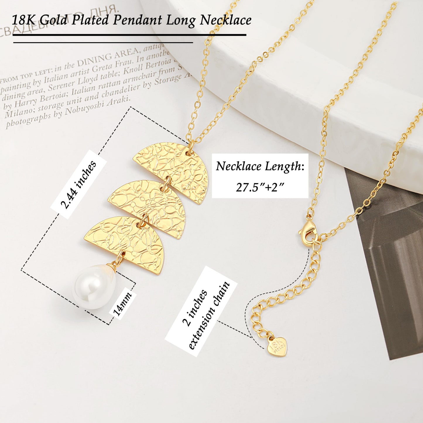PERNNLA PEARL Dainty Pearl Pendant Necklaces Simple Gold Plated Chain Long Necklace for Women Trendy Statement Sweater Chain Necklaces
