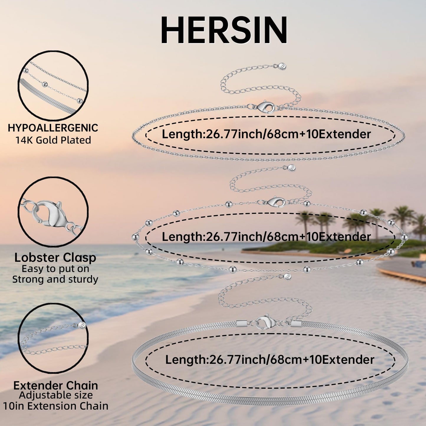 HERSIN Waist Chain for Women, 3 Pairs Silver Plated Layered Belly Belt Chains Beach Waist Beads Chain Waterproof Herringbone Snake Body Chain Summer Jewelry Accessories for Women