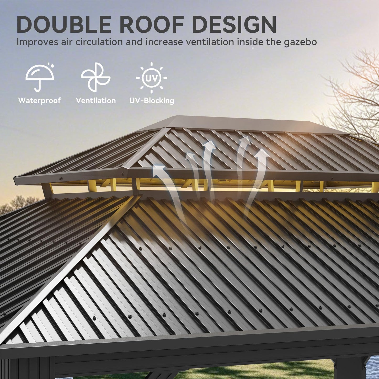 YITAHOME 12x14ft Hardtop Gazebo Outdoors with Nettings and Curtains, Heavy Duty Double Roof Galvanized Steel Outdoor Double Roof for Patio, Backyard, Deck, Lawns, Gray