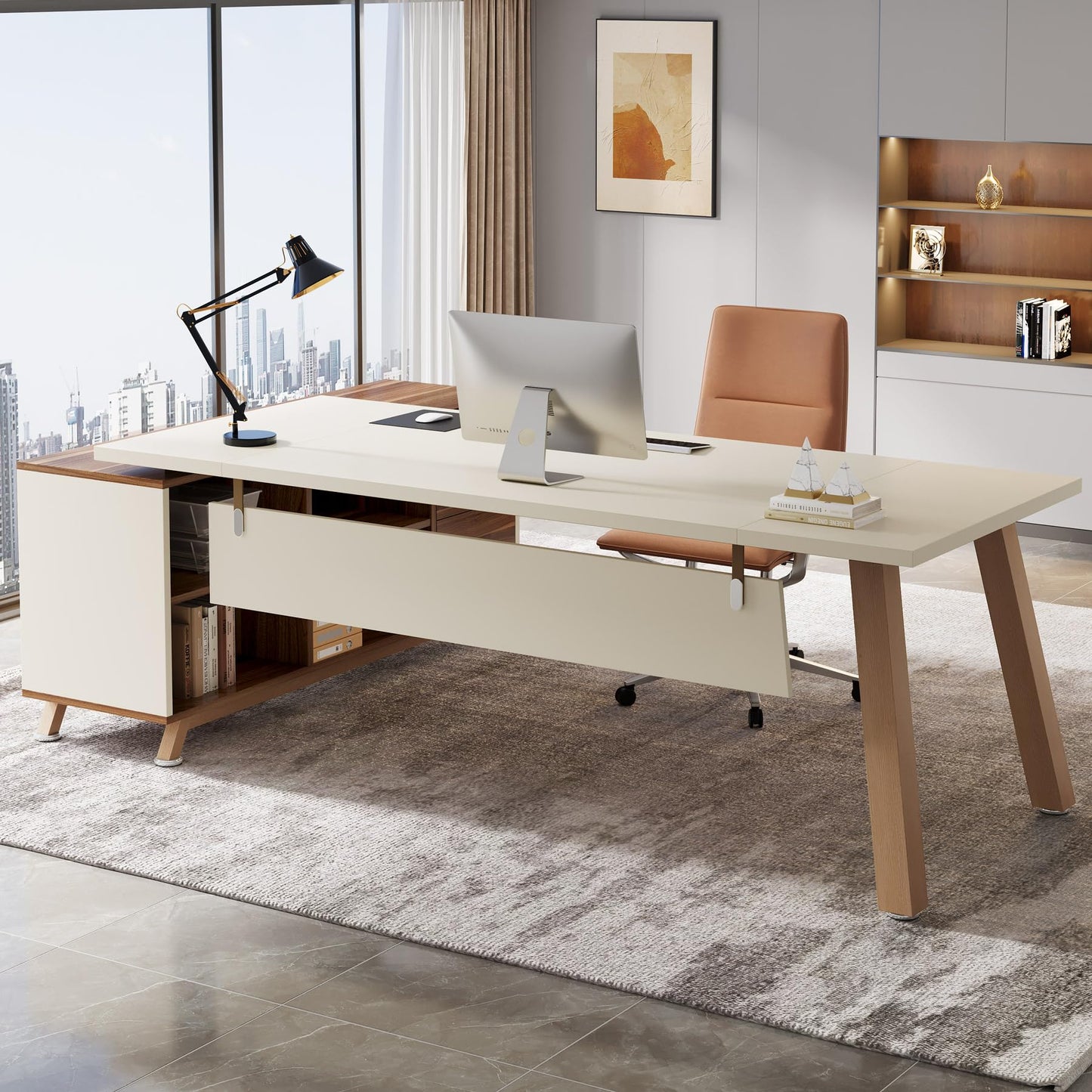 Tribesigns 78.7-Inch Executive Desk, L-Shaped Desk with 55-Inch Cabinet, Large Office Desk with Storage Shelves, Modern Computer Desk for Home Office, White & Walnut