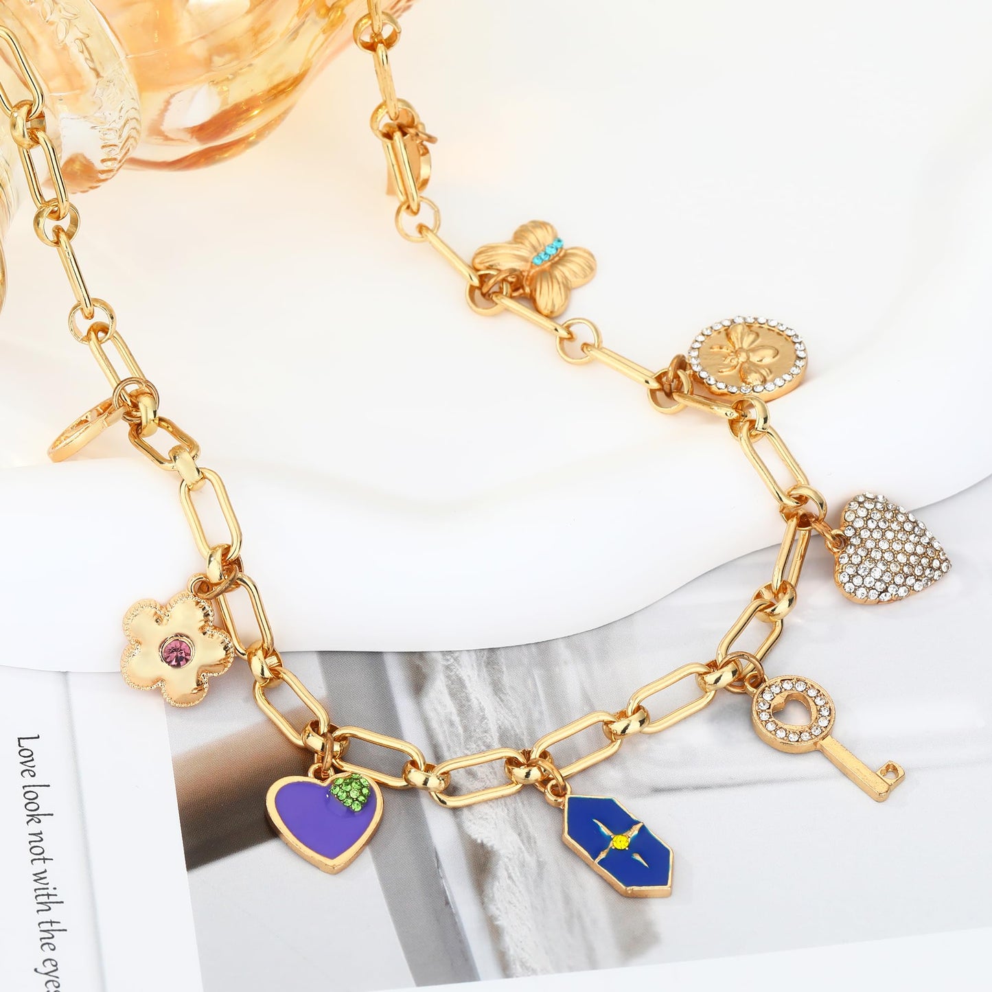BONJOULRY Charm Necklace for Women Gold Cute Love Heart Key Peace Cross Flower Butterfly Coin Pendant Necklace Dainty Paperclip Chain Charms Choker Necklace Y2K Preppy Jewelry Key