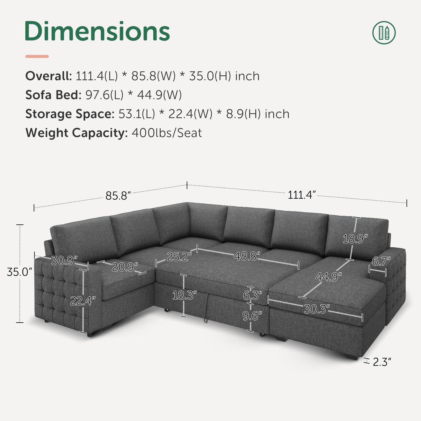 HONBAY Sectional Sleeper Sofa with Pull-Out Bed Storage Chaise, 6 Seaters Couch for Living Room, Light Grey