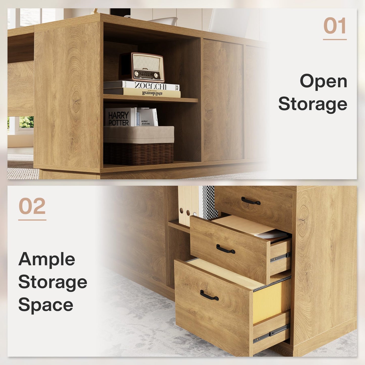 Tribesigns 78" L-Shaped Executive Desk, Large Modern Office Desk with Drawers and Lateral File Cabinet, Business Furniture with Storage Shelves, Big Computer Table for Home Office (Brown)