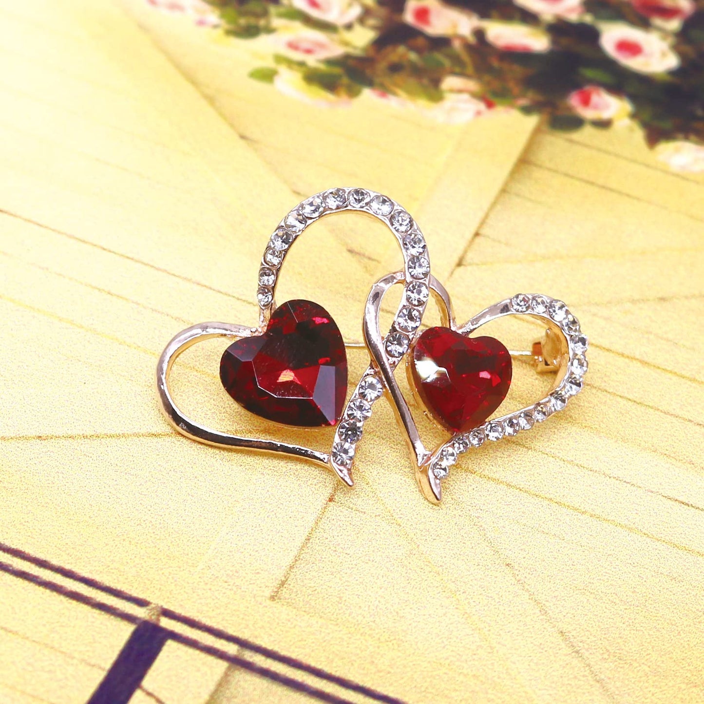 Heart Brooch For Women Cluster Pave Elegant Crystal Love Heart Brooches Pin Wedding Party Clothes Accessories Valentines Gift (Double Love Heart)