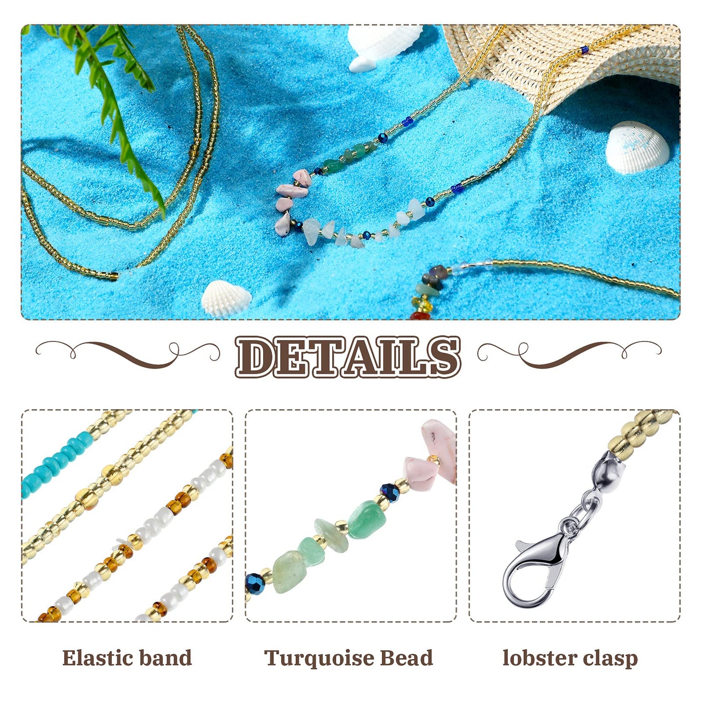 Jadive 7 Pieces Waist Beads for Women African Waist Beads Belly Chain Jewelry Belly Chains Summer Beach Bikini Body Jewelry(Stylish Style)