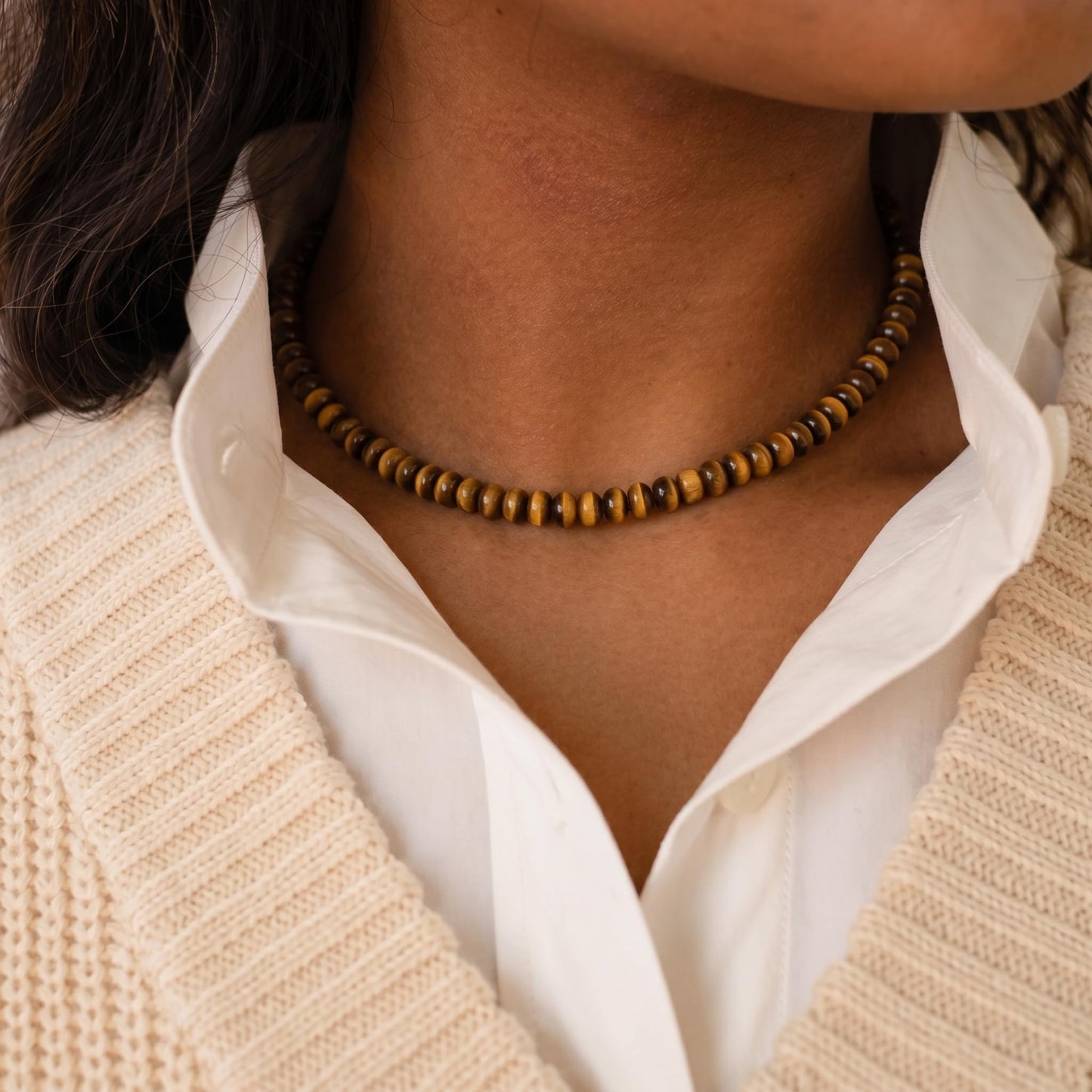 CONRAN KREMIX Tiger Eye Stone Beaded Necklace for Women,Natural Stone Bead Choker Necklaces Boho Summer Beach Necklace Gemstone Jewelry Gift for Women