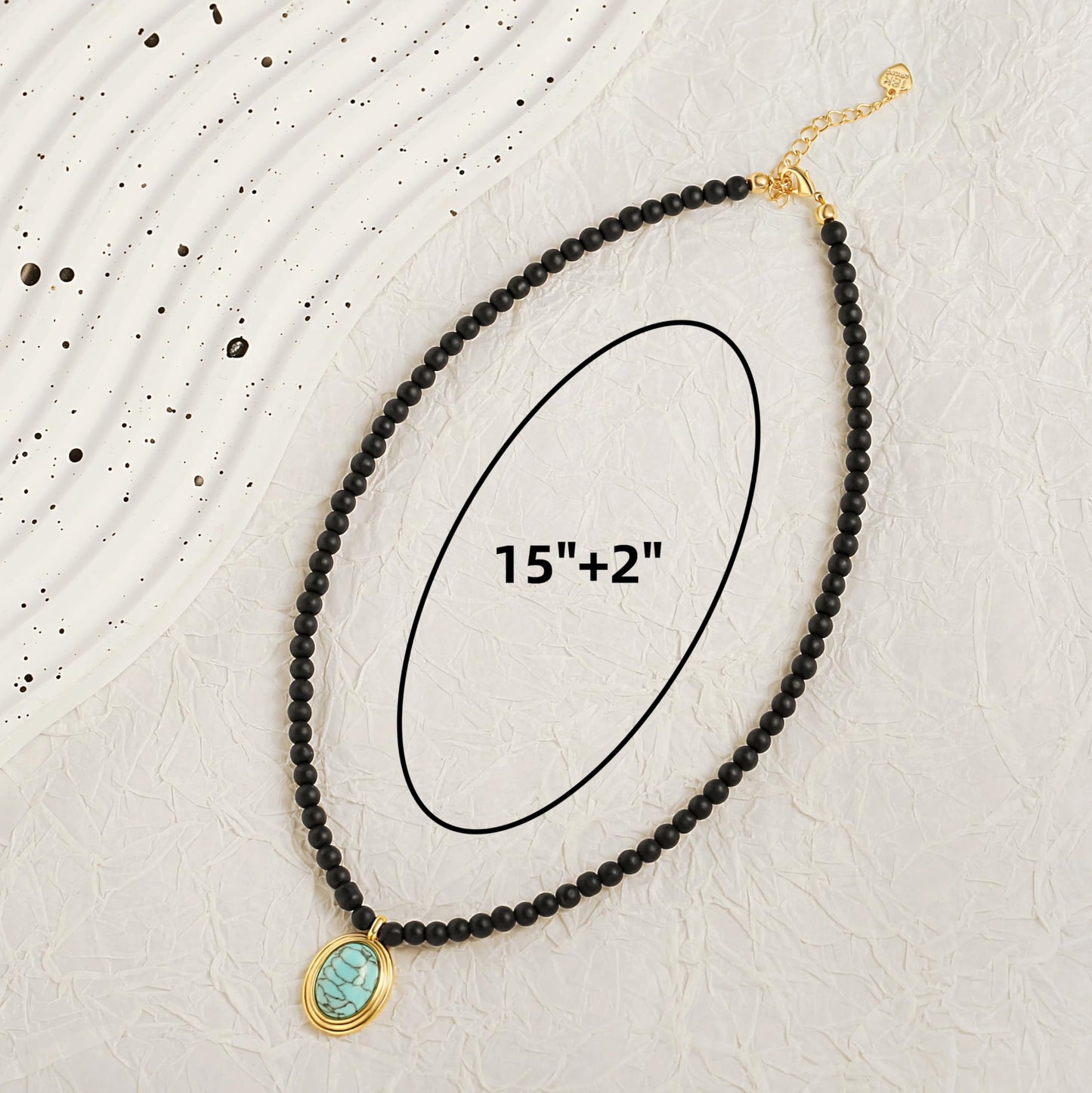 PEARLADA Boho Black Beaded Choker, Oval Turquoise Pendant Necklace for Women, 18k Gold Plated Chakra Gemstone Necklace
