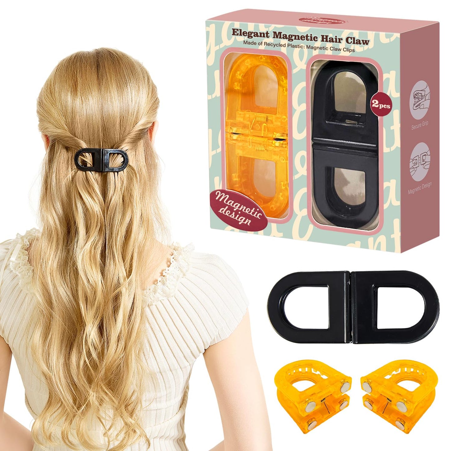 RCZETC Magnetic Hair Clips 2-Pack | Hair Clips for Styling & Thick Hair | Claw Clips & Barrettes for Women | Strong Hold Non-Slip No-Crease Hair Barrettes（Orange + Black）
