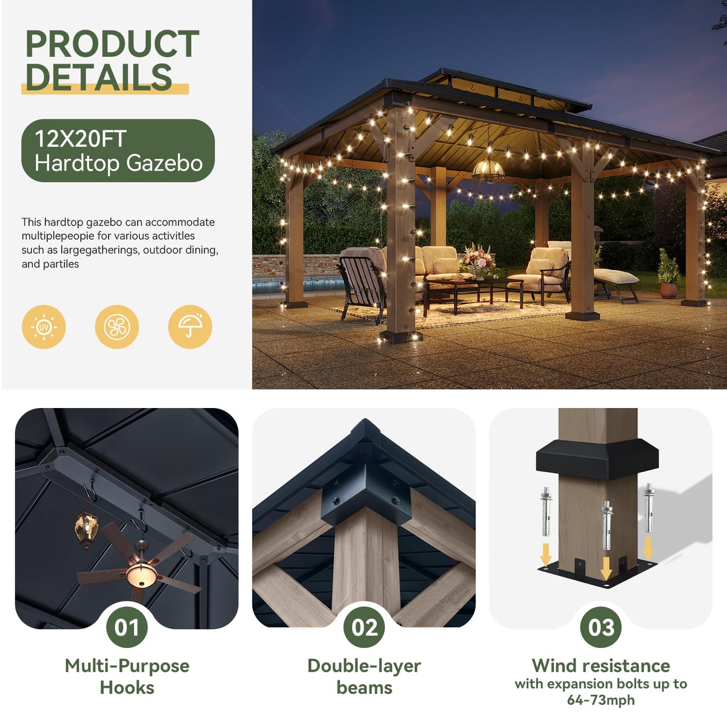 Aoxun 12' x 20' Outdoor Wood Gazebo, Hardtop Gazebo Permanent Wooden Pavilion with Galvanized Steel Double Roof, for Patio, Garden, Yard, Cedar Wood, Grey