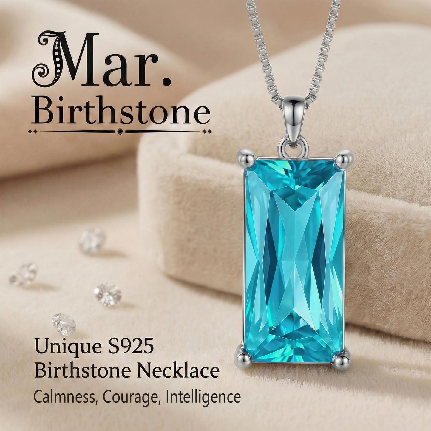 Kuschelkatze 8mm x 16mm Square March Birthstone Aquamarine Pendant Necklace – Fashion charming Sterling Silver Gift for women