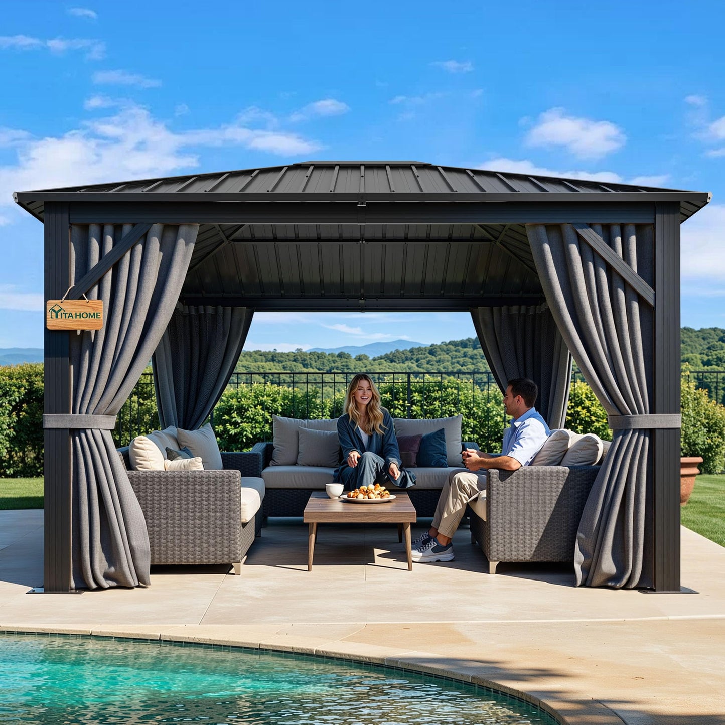 YITAHOME 10'X12' Single Hardtop Gazebo Metal Outdoor Patio Galvanized Iron Aluminum Column Garden Tent Curtains Netting for Backyards Decks Lawns,Gray