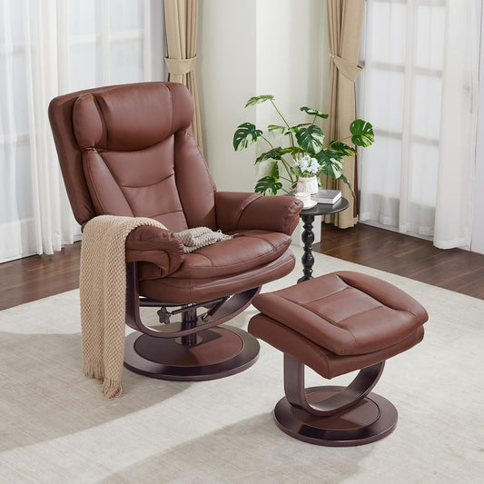 MCombo Oversized Swivel Recliner Chair with Ottoman, Adjustable Backrest, 360° Wood Base, High Seat, Faux Leather Lounge Chair for Tall Users in Living Room Office 4651 (Brown)