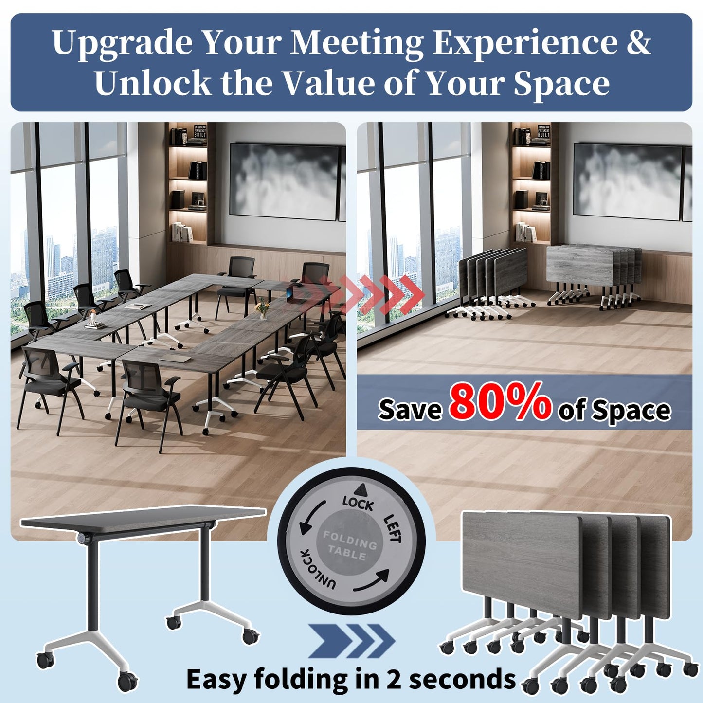 Modular Folding Conference Table with Wheels,8 Pack Mobile Conference Room Tables,Filp Top Rolling Meeting Training Tables for Office,Classroom,Library,Seminar,Boardroom,school(8pack,Grey,47in)