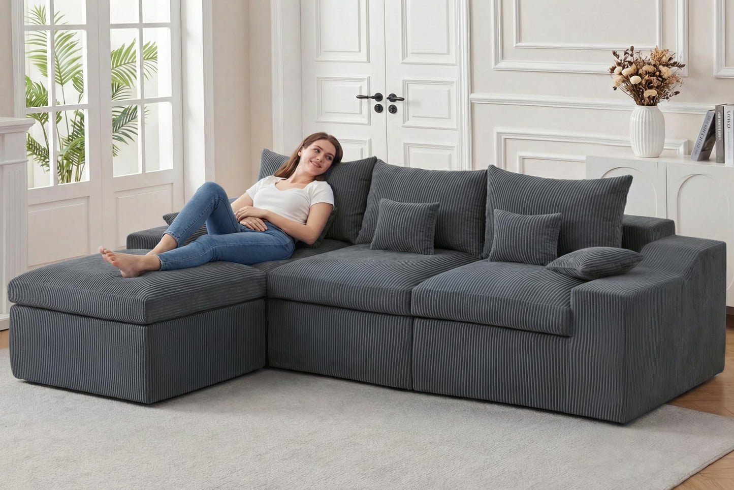 HABUTWAY 104" L Shaped Cloud Sectional Couch, Boneless Modular Sectional Sofa with Deep Seat, Corduroy Couches for Living Room, Modular Couch, No Assembly Required (Grey)