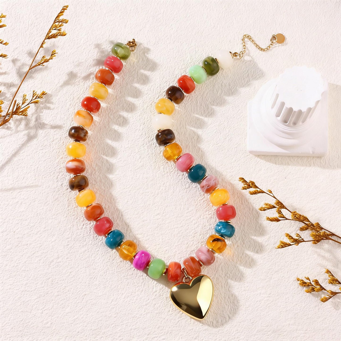 joymiao Chunky Beaded Necklace for Women Colorful Boho Bead Choker Big Bead Necklace Statement Necklaces Jewelry Accessories with Heart Pendant