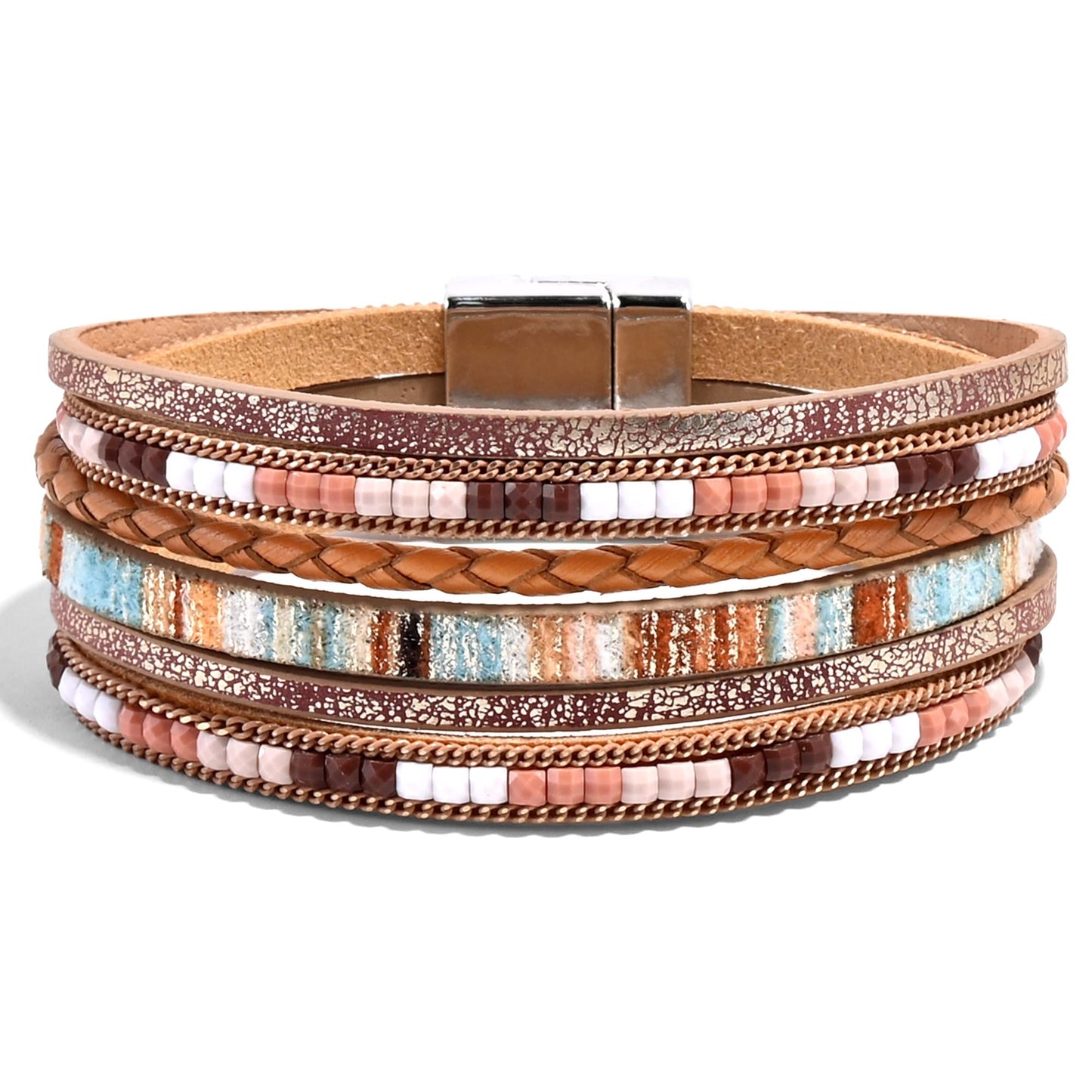 VIBILIA Boho Leather Wrap Bracelets for Women Trendy Layered Multi-Layer Bracelets with Strong Clasp Jewelry for Women-Khaki