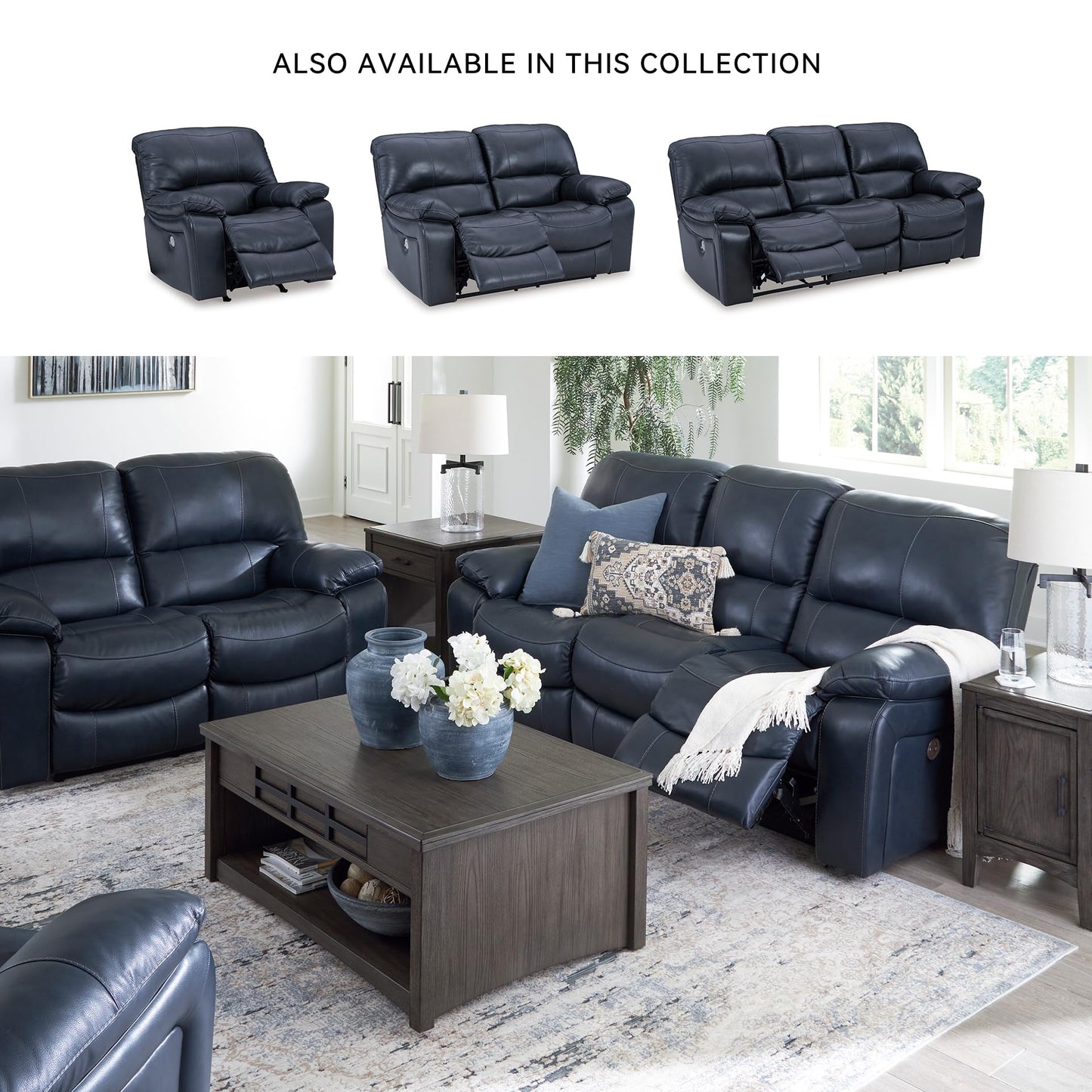 Signature Design By Ashley Leesworth Modern Power Rocker Recliner, USB Port, Gentle Rocking, Top Grain Leather and Matched Leather, 41" W x 41" D x 41" H, Blue