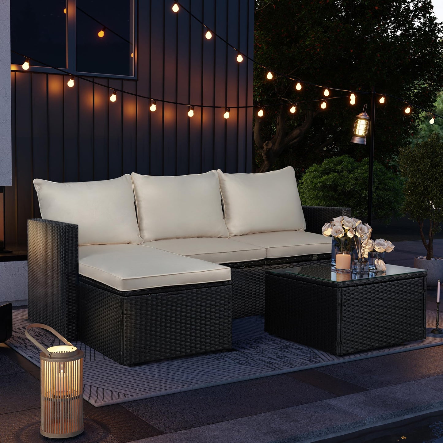 SUNLEI Patio Furniture Set with Detachable Soft Cushions, Outdoor PE Rattan Patio Conversation Sofa Set, 3-Piece Patio Sectional Sofa with Glass Coffee Table, Black Rattan/White