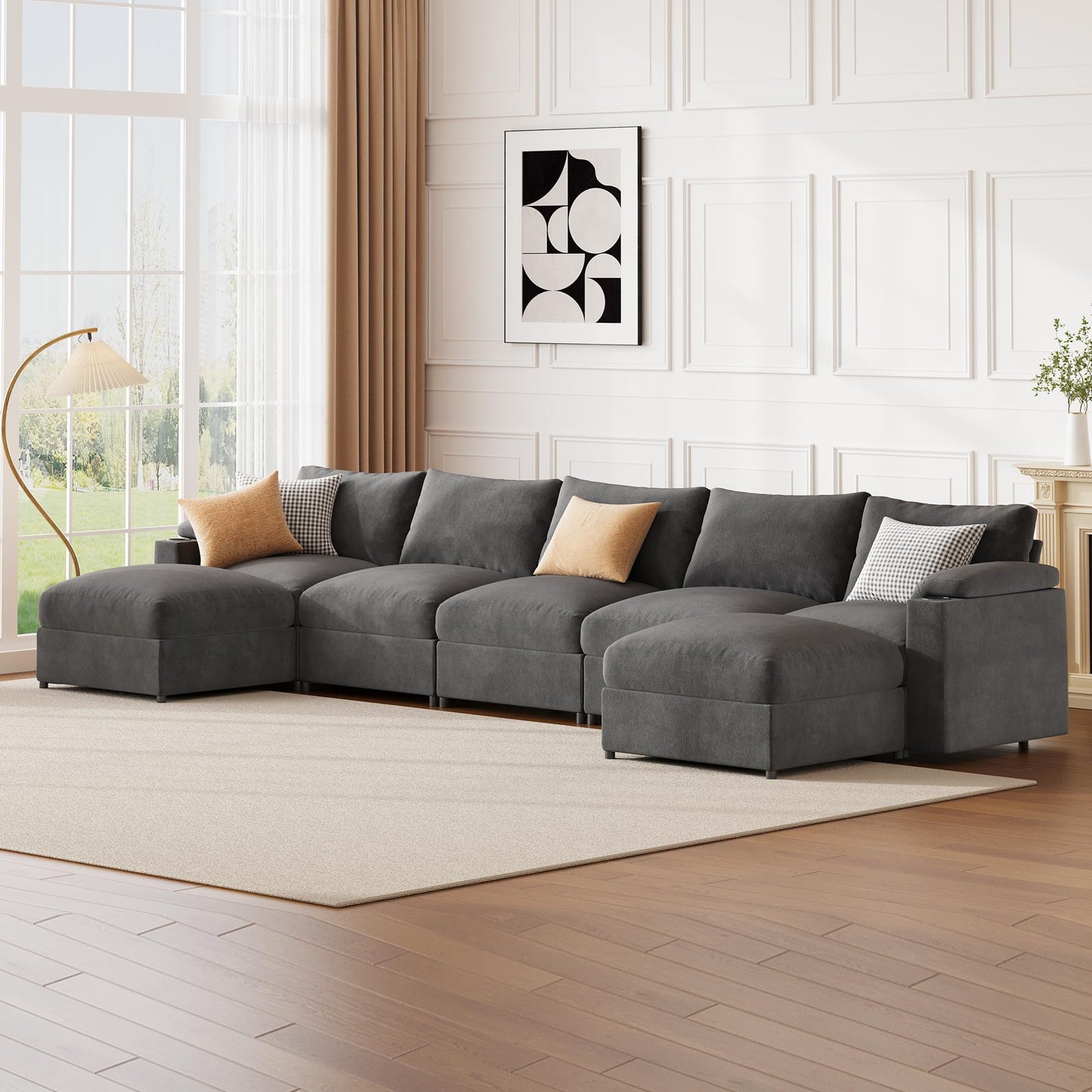 Sectional Couches for Living Room FSC Certified Velvet Modular Couch Oversized Cloud U Shaped Convertible Sleeper Sofa Chaise Detachable Armrest Cushion (Velvet Grey, U Shape 7 Seat)