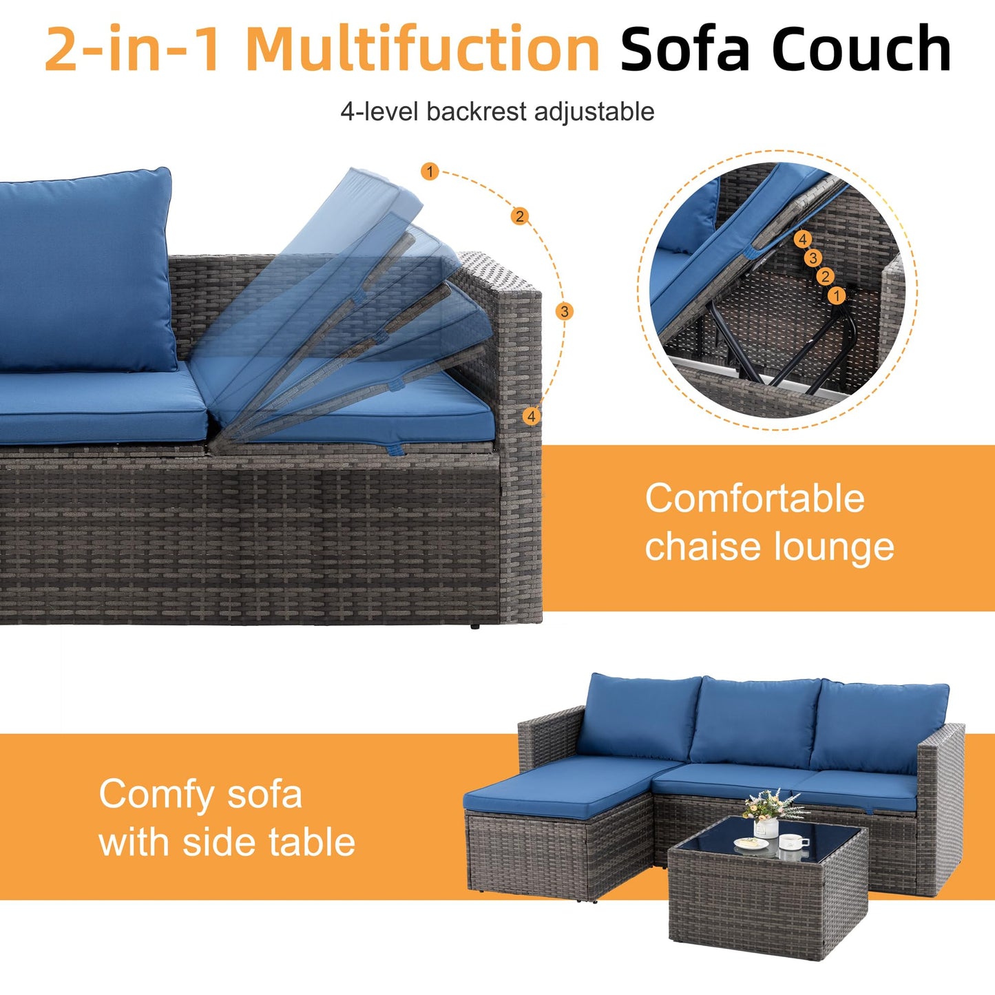 Shintenchi 4 Pieces Patio Furniture Sets, Outdoor Sofa Patio Sectional Sets All Weather, 2-in-1 Wicker Rattan Seating Sofa Couch with Cushions & Coffee Table for Yard, Garden, Porch, Poolside (Blue)