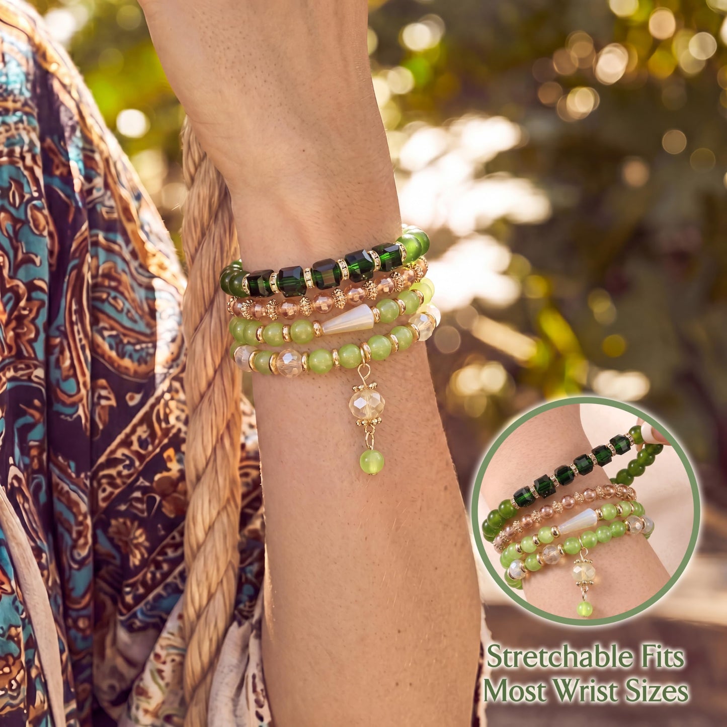 Tungary 4Pcs Beaded Bracelets for Women Bohemian Bracelet Stacks Handmade Natural Stone Stretch Bracelets Multi-Color Daily Wear Accessories Summer Beach Boho Jewelry Gift Green Style