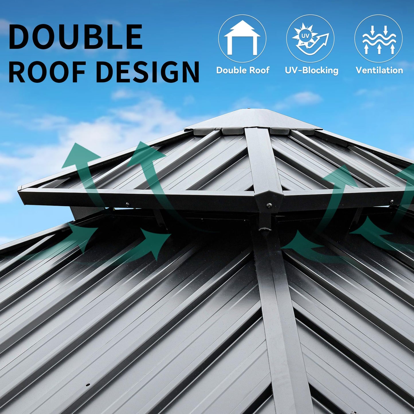 YITAHOME 10x10ft Gazebo Double Roof Hardtop with Nettings and Curtains, Heavy Duty Galvanized Steel Outdoor Vertical Stripes Roof for Patio, Backyard, Deck, Lawns, Brown