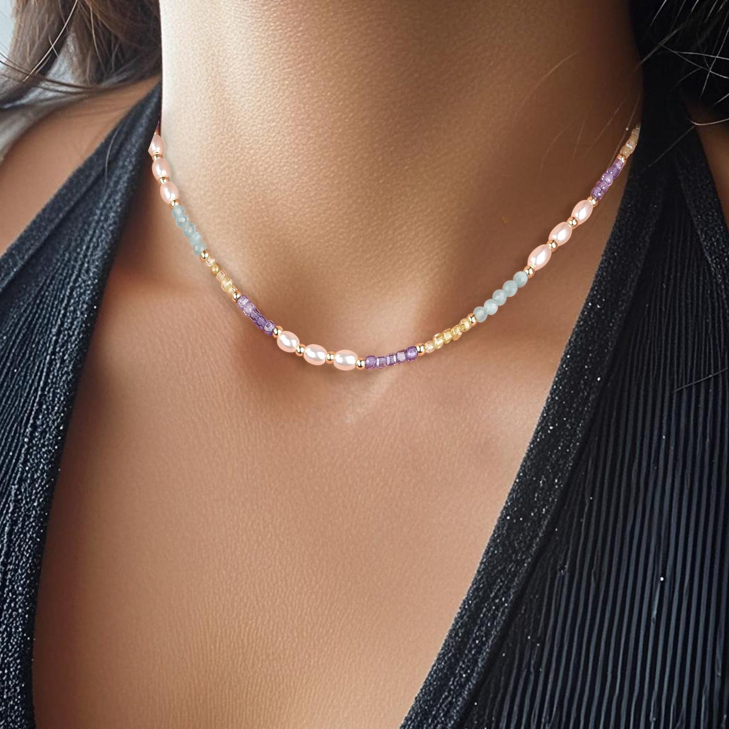 Vutapiro Colorful Beaded Beach Jewelry Summer Ladies' Necklace, Boho Color Block Design light blue necklaces for women (Pale blue)