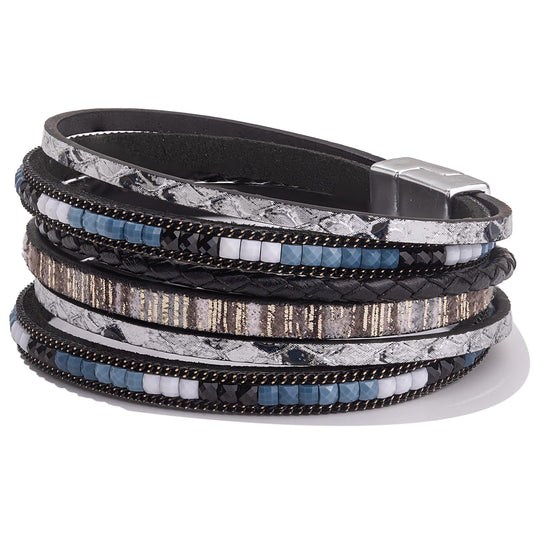 FANCY SHINY Boho Leather Wrap Bracelets Trendy Layered Bracelets with Magnetic Clasp Strackable Bohemian Cuff Jewelry Gifts for Women(Black)