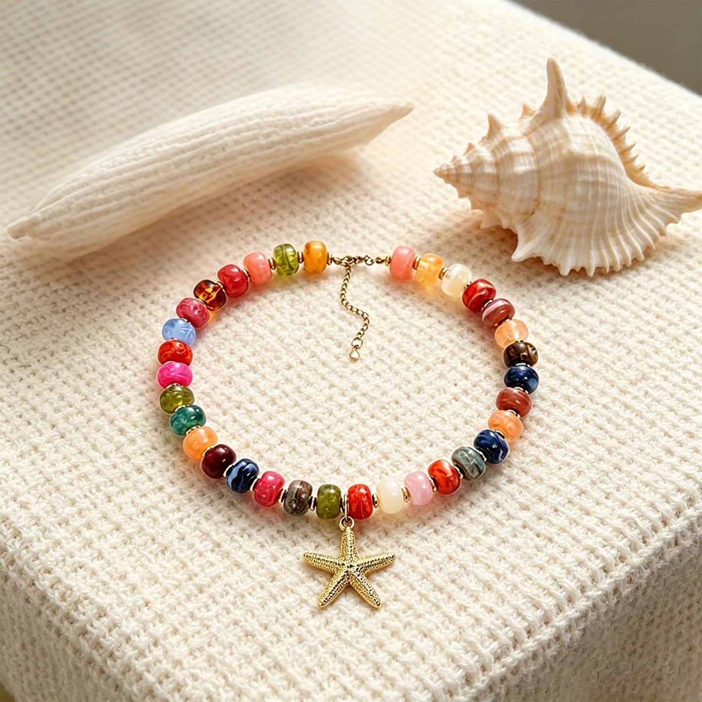 ZXYMHL Chunky Beaded Starfish Shell Necklace Colorful Boho Beach Chain Choker for Women Summer Trendy Vacation Jewelry Gift