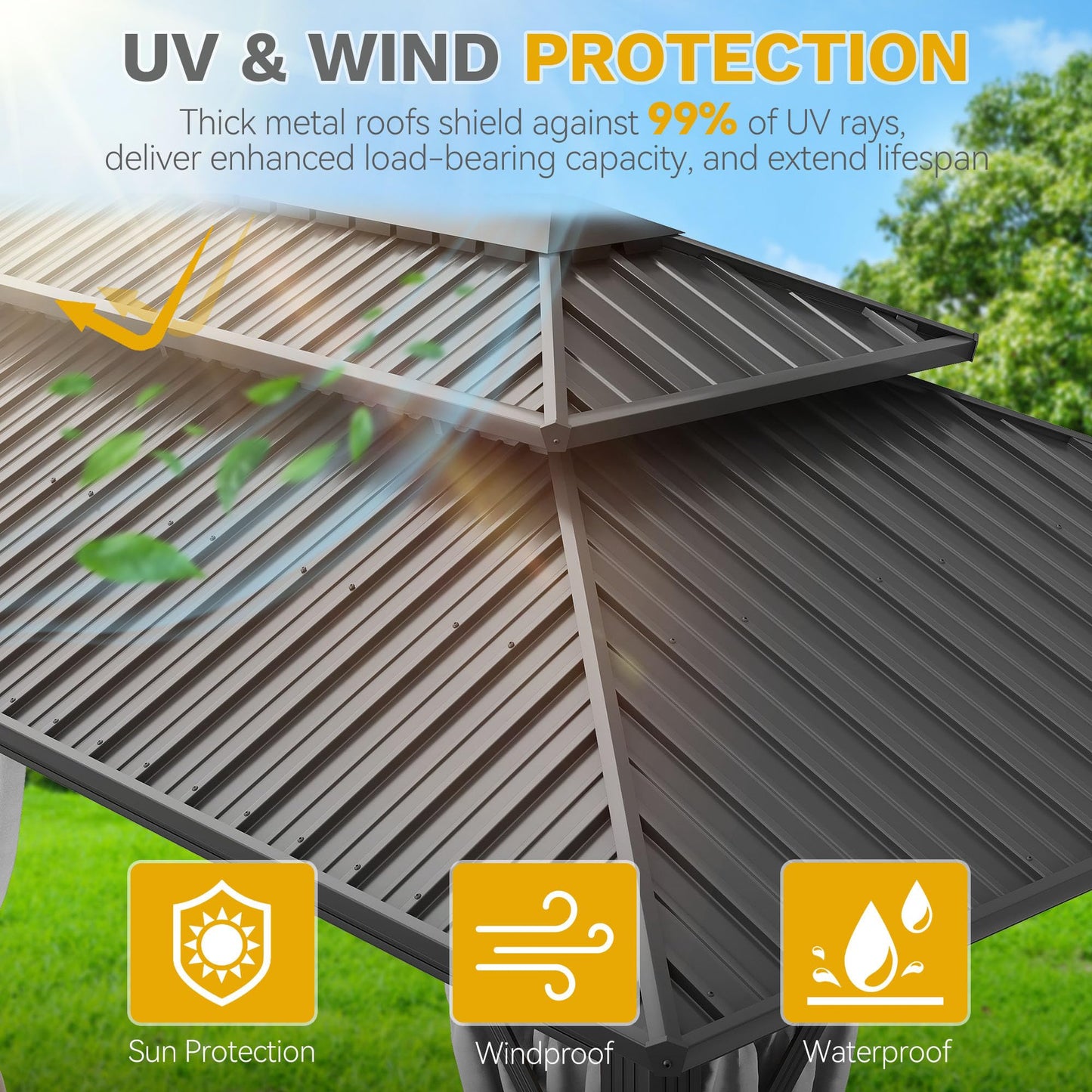 DWVO 12x18ft Gazebo Double Roof Hardtop with Nettings and Curtains, Heavy Duty Galvanized Steel Outdoor Vertical Stripes Roof for Patio, Backyard, Deck, Lawns, Brown