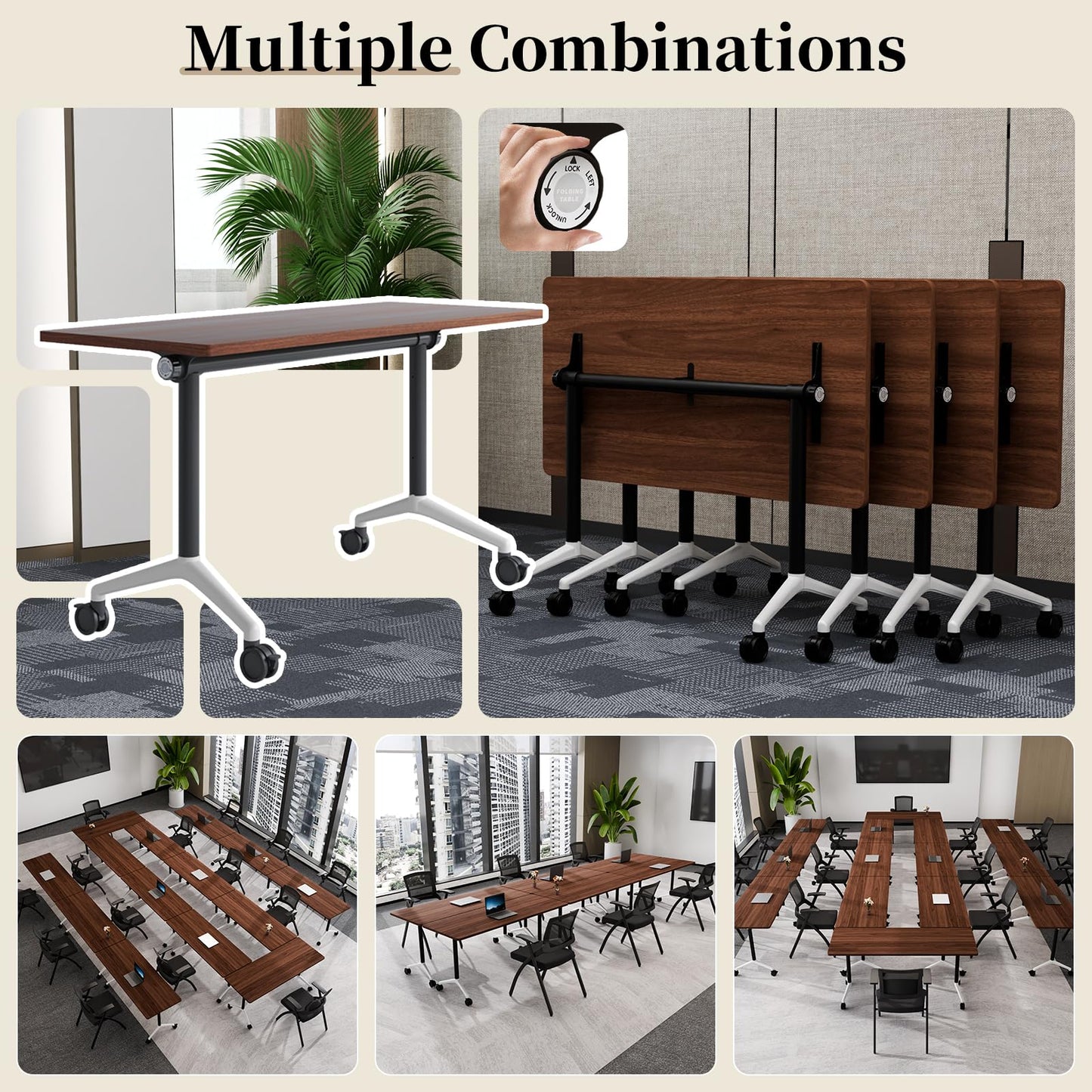 Modular Folding Conference Table with Wheels,8 Pack Mobile Conference Room Tables,Filp Top Rolling Meeting Training Tables for Office,Classroom,Library,Seminar,Boardroom,school(8pack,Walunt,71in)