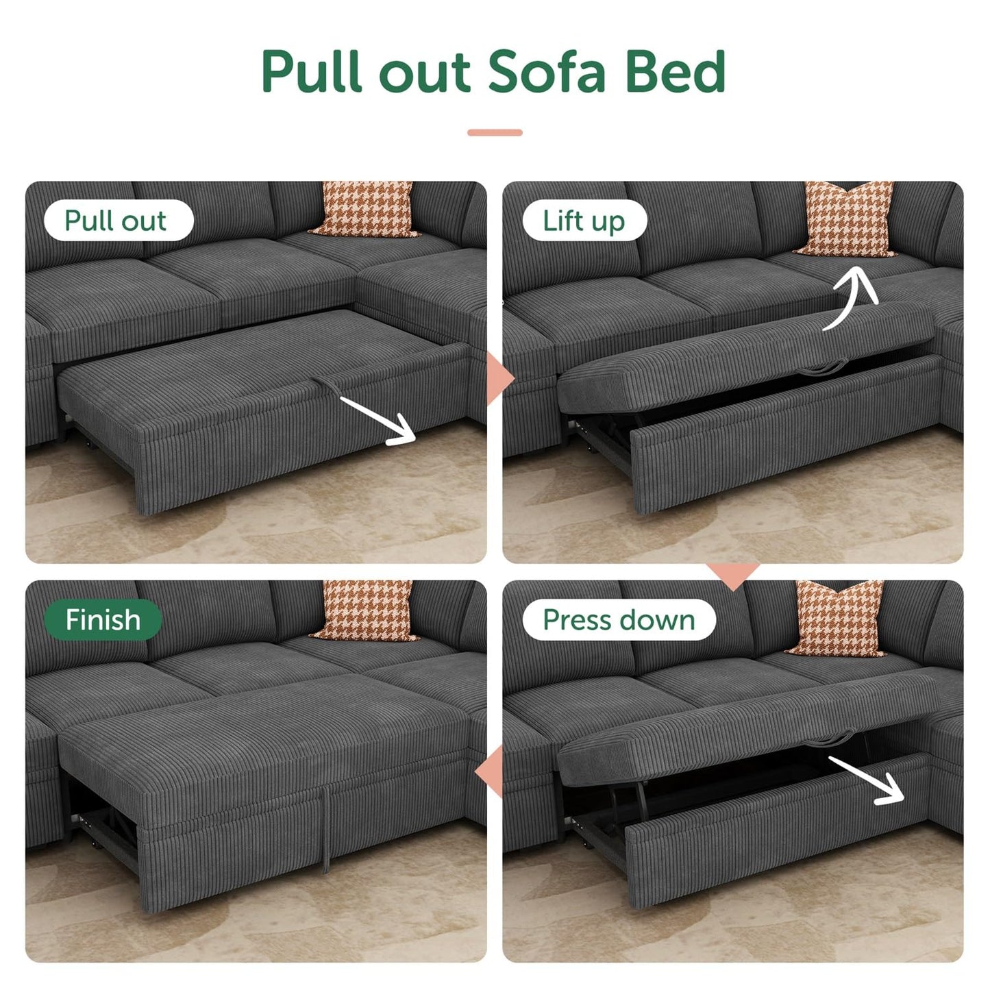 HONBAY Modular Sectional Couch with Pull Out Bed, Corduroy Sleeper Sofa with Storage Ottoman, U Shaped Sectional Couches for Living Room, Dark Grey