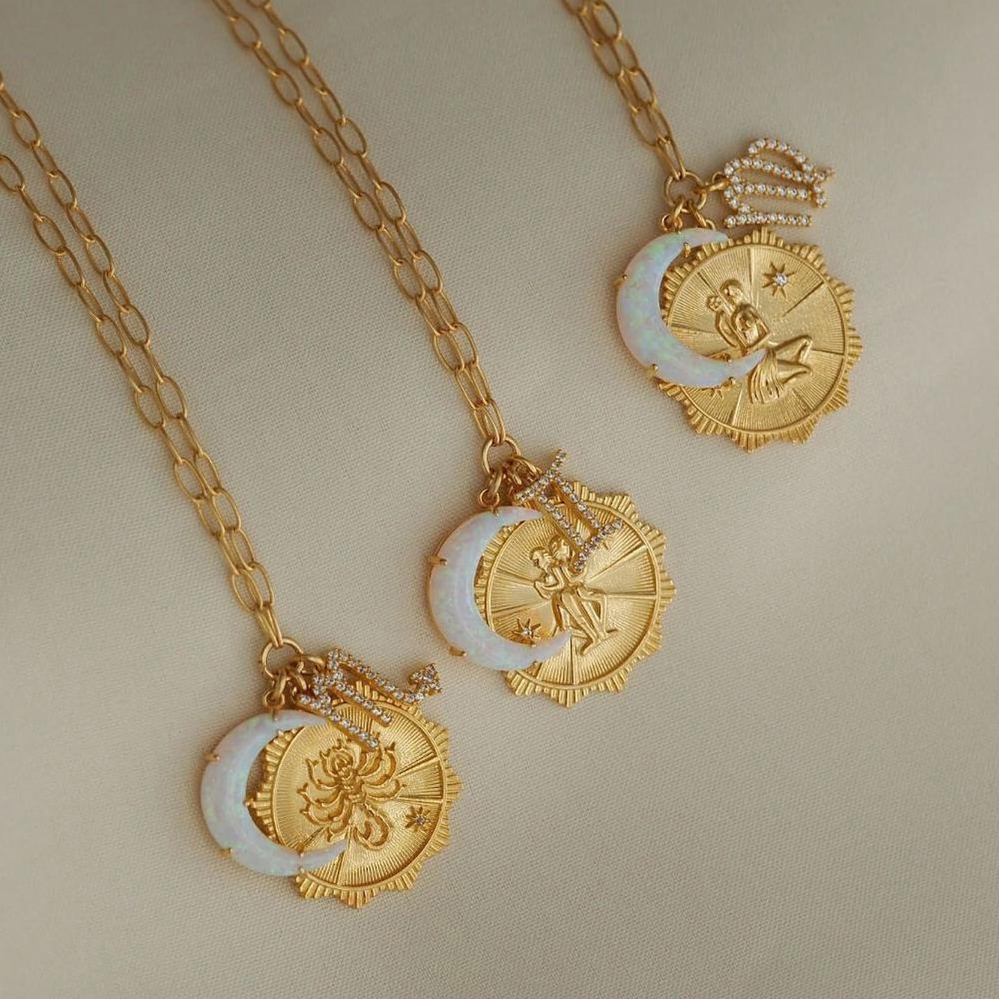 Lanadale Dainty Gold Capricorn Zodiac Coin Opal Crescent Moon Charm Necklace for Women Trendy 18K Gold Plated Retro Paperclip Chain 12 Constellation Horoscope Necklaces Astrology Jewelry Gifts
