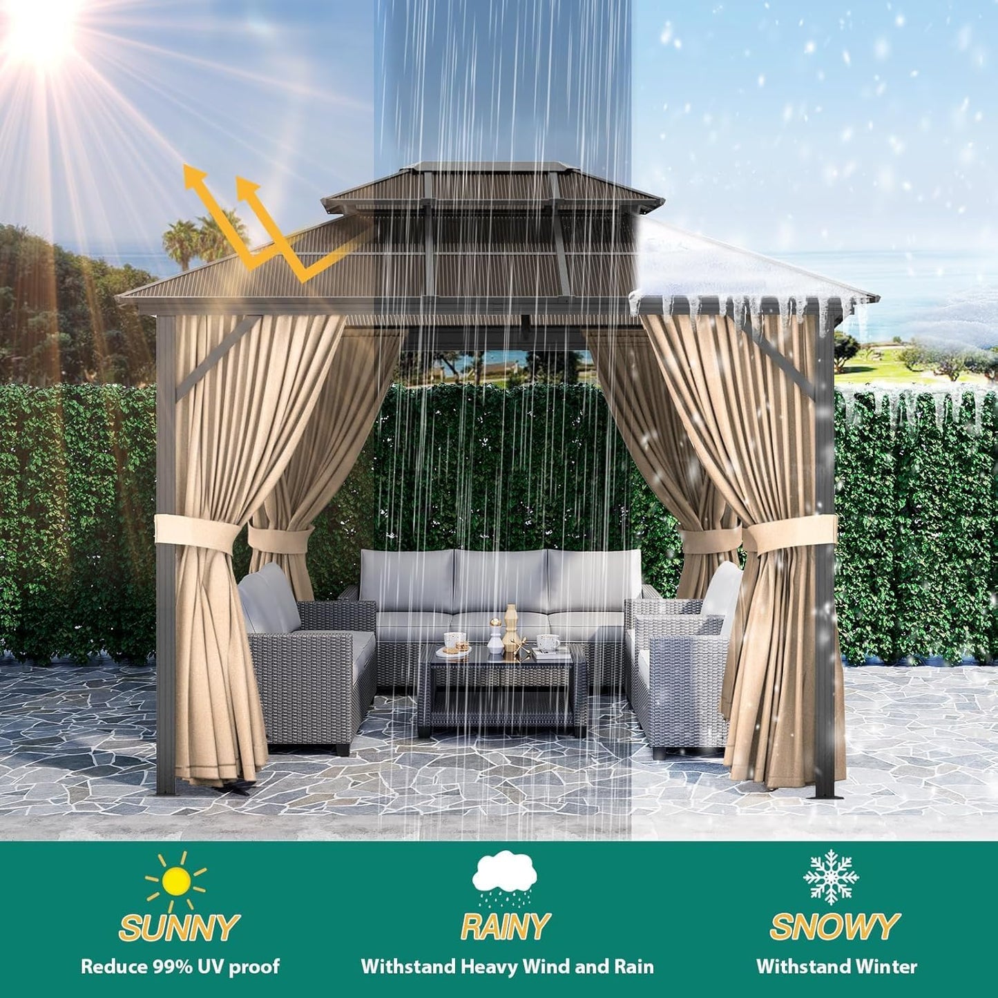 13'X10' Hardtop Gazebo, All-Weather Aluminum Frame Outdoor Canopy with Double Polycarbonate Roof, Permanent Outdoor Gazebo with Netting & Curtains for Garden, Lawns, Patio, Khaki.