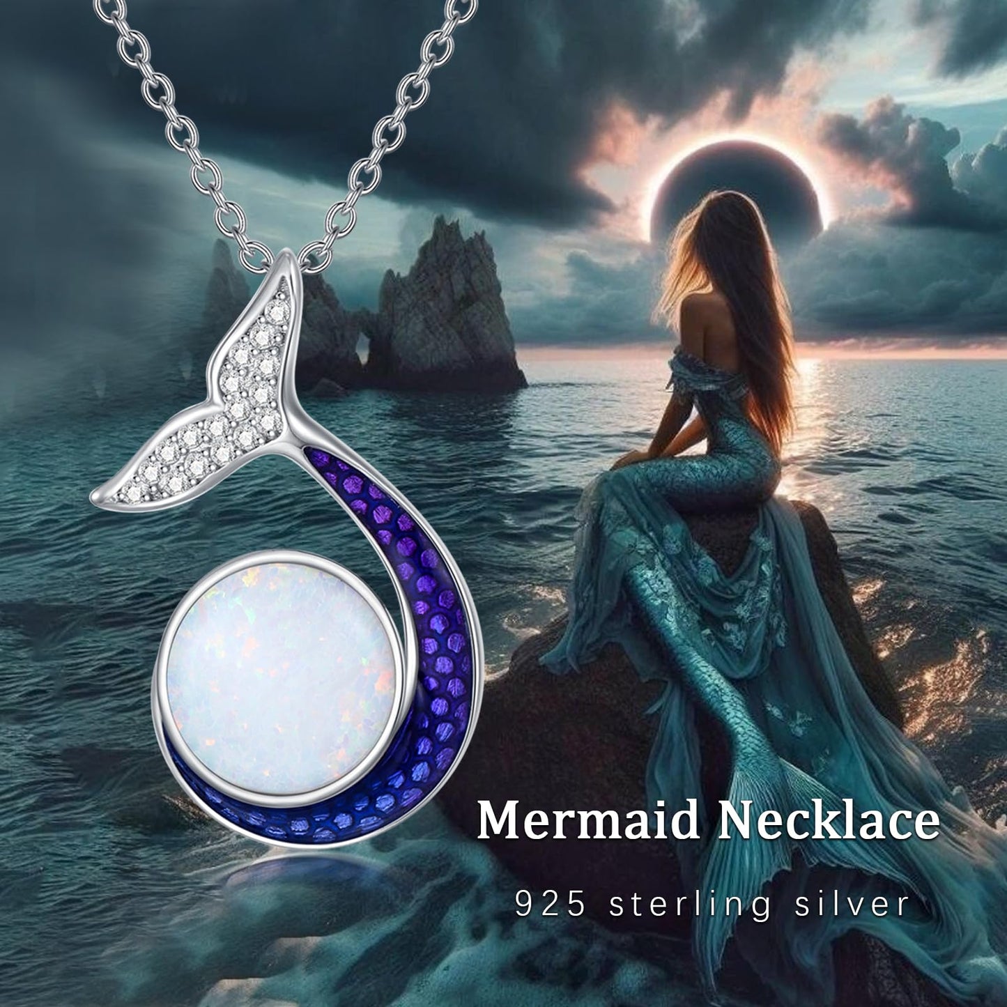 KoyeKei Mermaid Tail Necklace for Women 925 Sterling Silver Mermaid Necklace with Opal Beach Sea Pendant Ocean Themed Jewelry Mothers Day Graduation Gifts for Mom Sister Wife