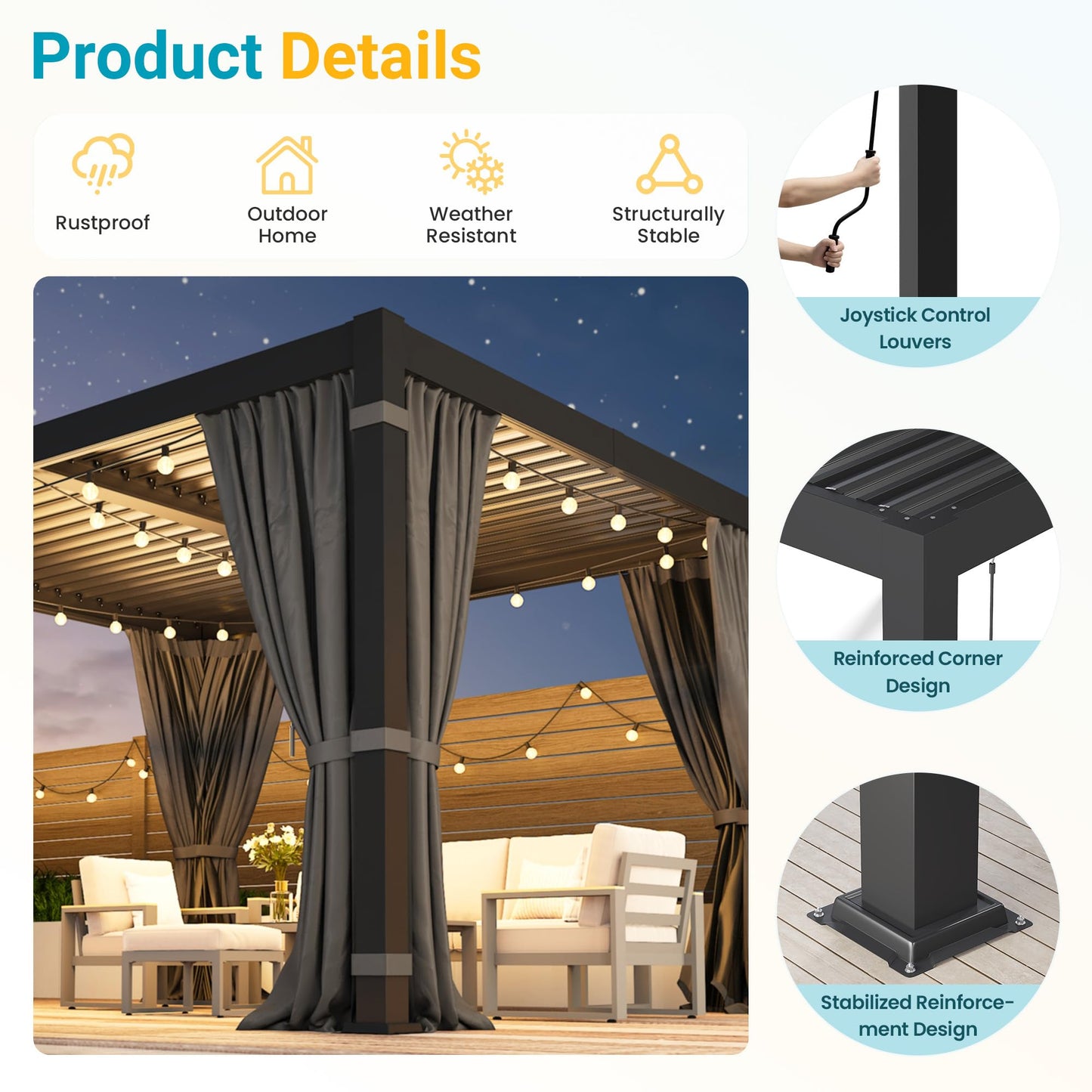 10' x 12' Louvered Pergola, Outdoor Pergola with Curtains & Netting, Metal Patio Pergola with Adjustable Louvers Roof and Gutter System, Metal Hardtop Gazebo for Patio, Deck, Garden, Yard, Dark Gray