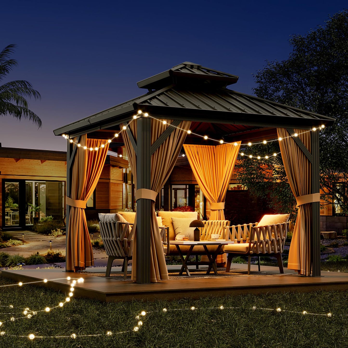 10'x10' Hardtop Gazebo, Heavy Duty Aluminum Permanent Hardtop Gazebo Outdoor Pavilion with Curtains and Netting for Garden