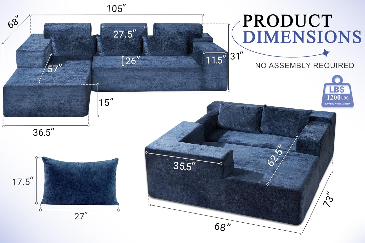 HABUTWAY 105" L-Shape Modular Sectional Sofa Couch for Living Room,No Assembly Required,Modular Comfy Sofa with Deep Seat for Living Room Bedroom,Luxury Distressed Velvet(Left,Blue)