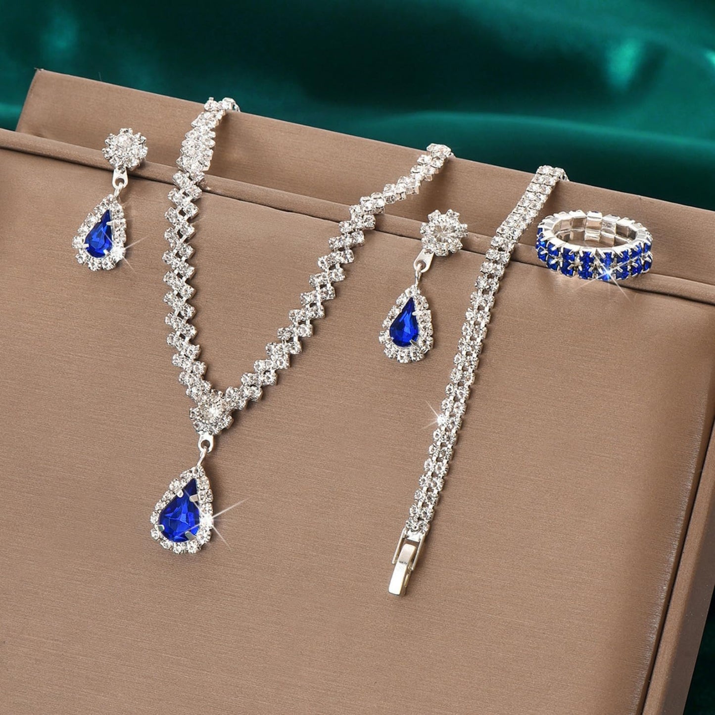 IS4U Rhinestone Water Drop Set for Women Bridal Wedding Vintage Colourful Crystal Zircon Statement Necklace Ring Earrings Bracelet Set Party Dress Ball Fashion Jewellery (Blue)