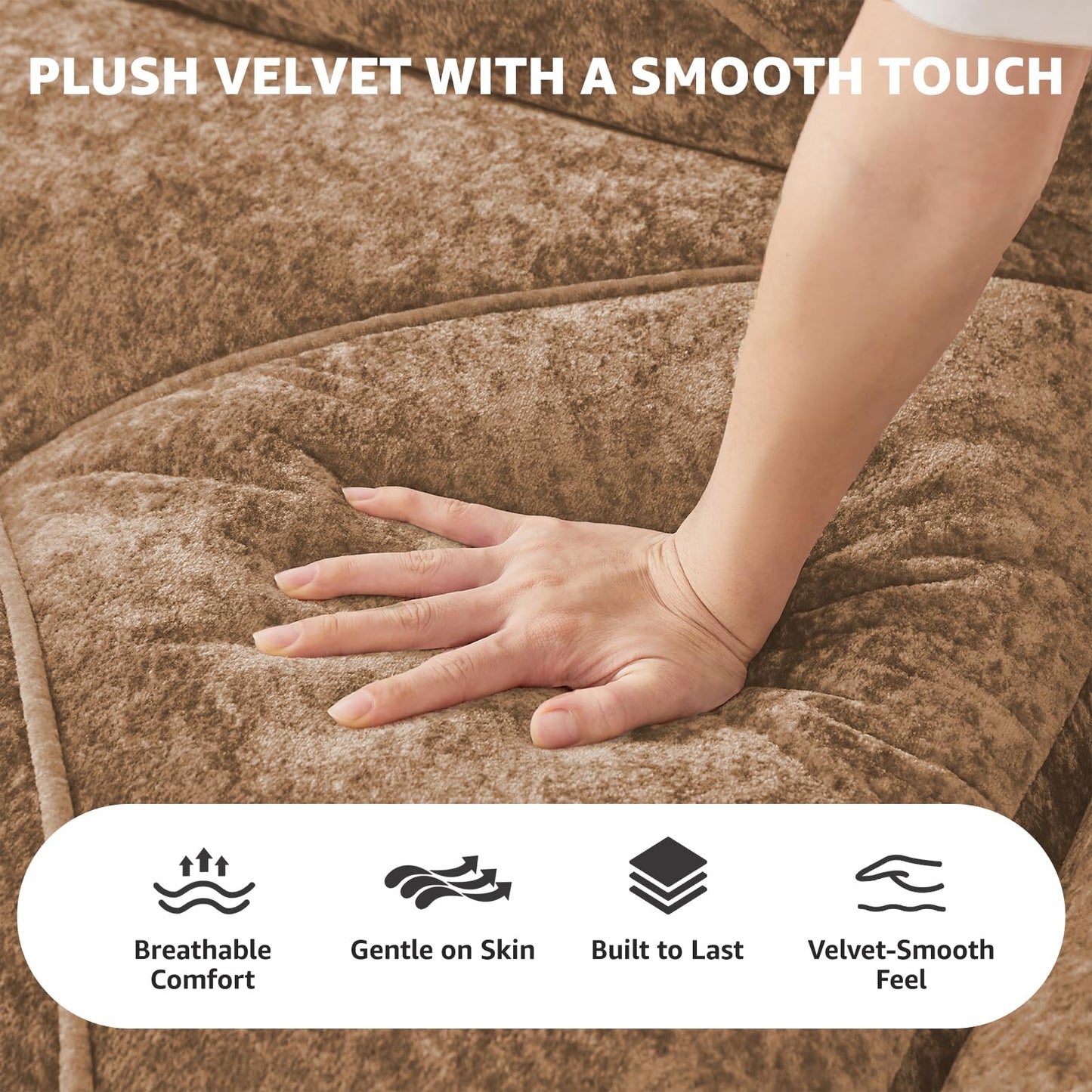 Camel L-Shaped Sectional Couches for Living Room, Velvet Fabric Boneless Couch, No Assembly Cloud Modular Sectional Sofa with 1 Ottoman, Foam Couch Compressed Sofa Set for Apartment, Sofas para Sala