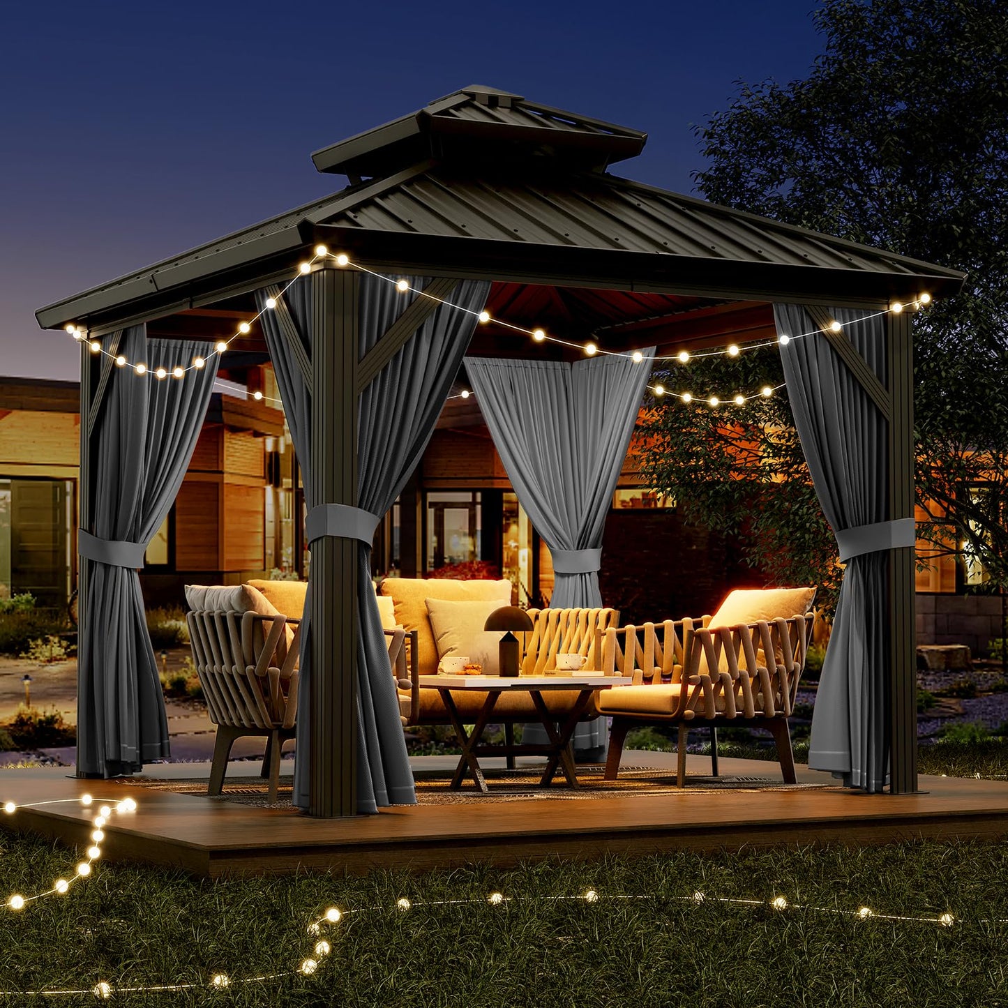 PeakPursuit 10'x10' Hardtop Gazebo, Heavy Duty Aluminum Permanent Hardtop Gazebo Outdoor Pavilion with Curtains and Netting for Garden