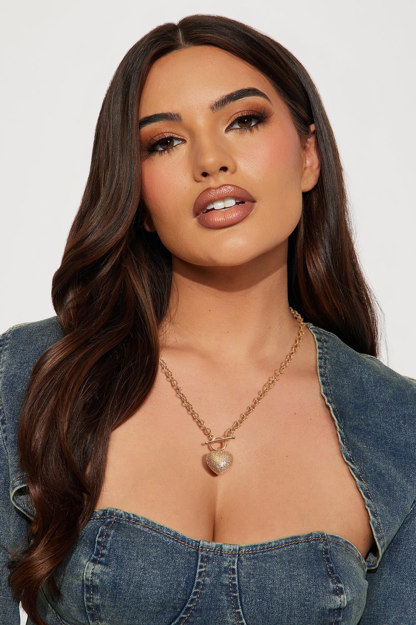 PEARLADA Statement CZ Heart Pendant Necklace, Trendy Toggle Necklace for Women, 18k Gold Plated Chunky Chain Link Necklace